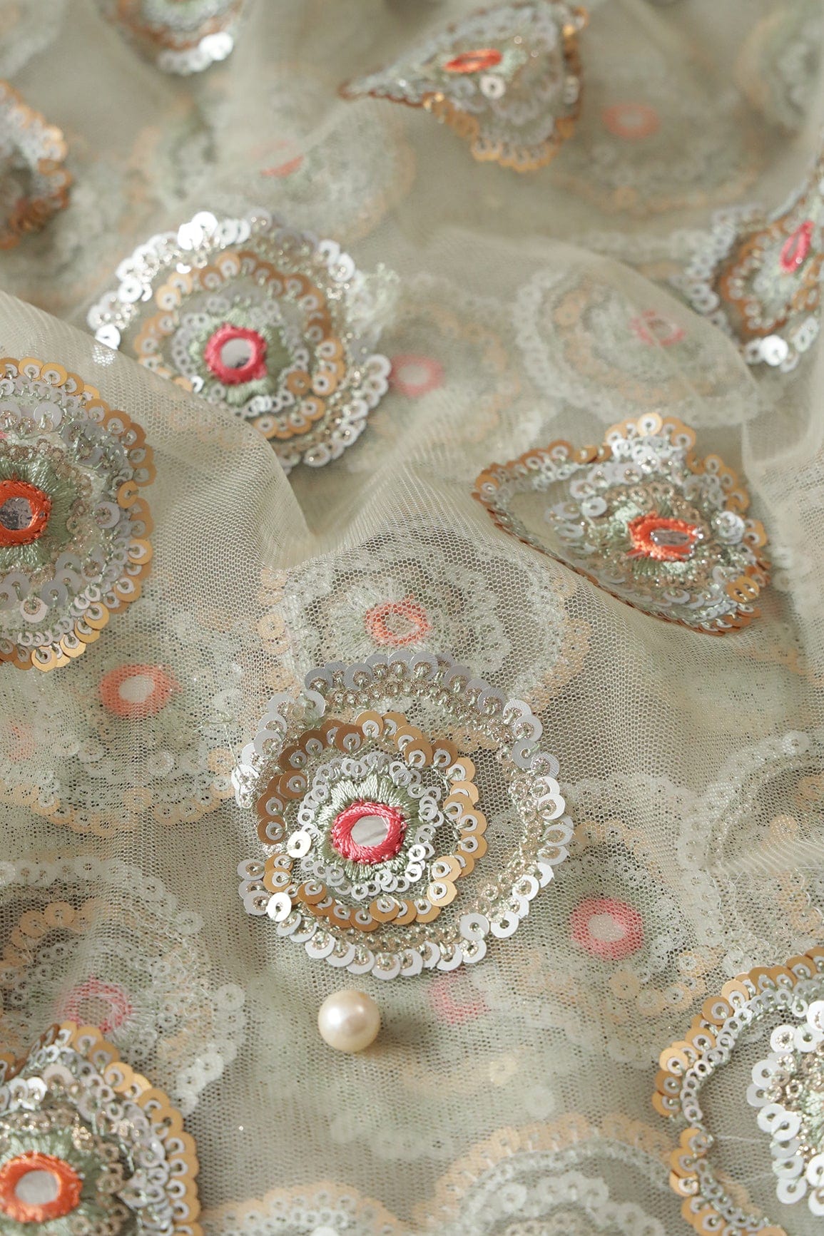 3.75 Meter Cut Piece Of Olive Thread With Gold And Silver Sequins Floral Embroidery Work On Olive Soft Net Fabric - doeraa