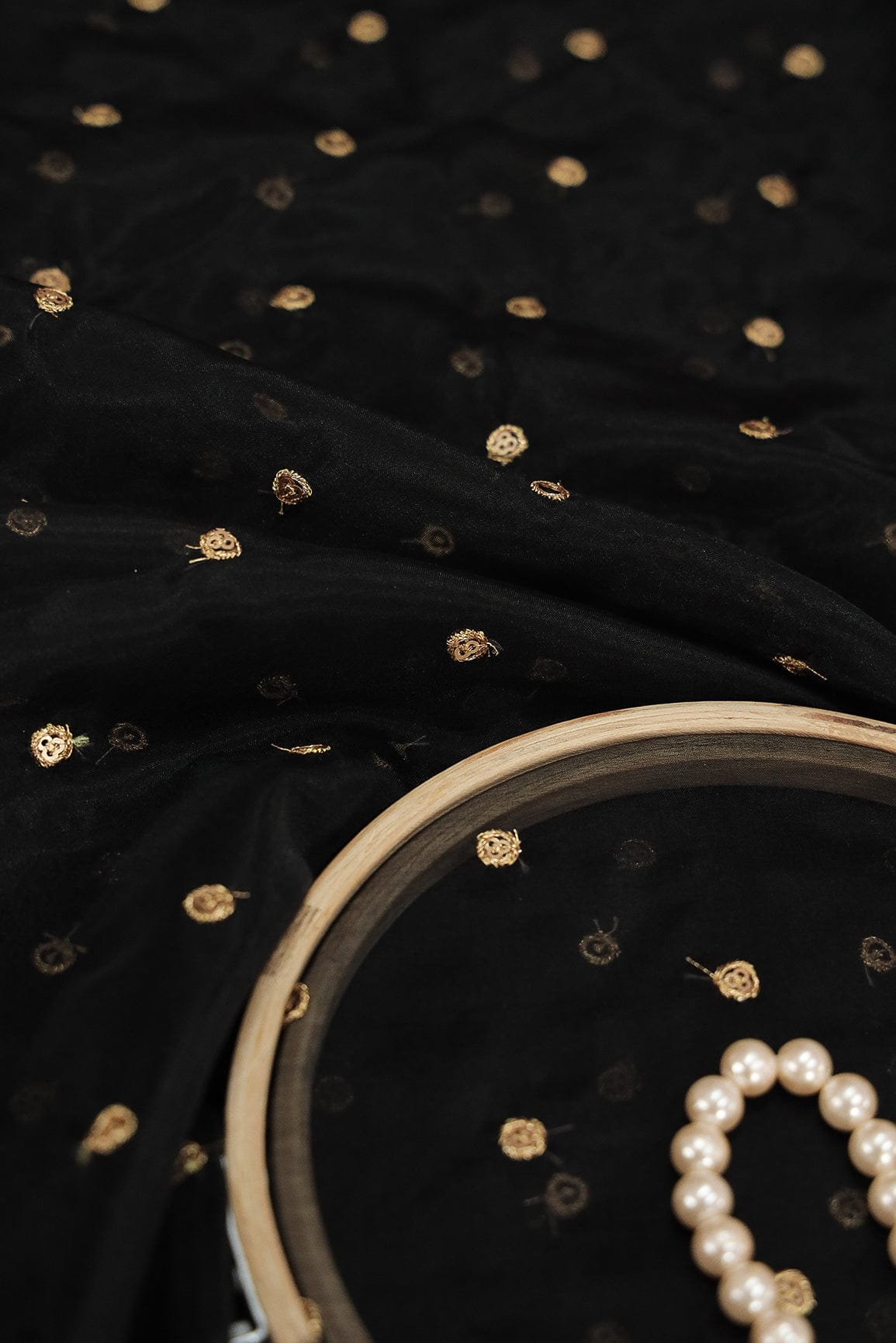 doeraa Embroidery Fabrics Gold Sequins with Gold Thread Motif Embroidery on Black Organza Fabric