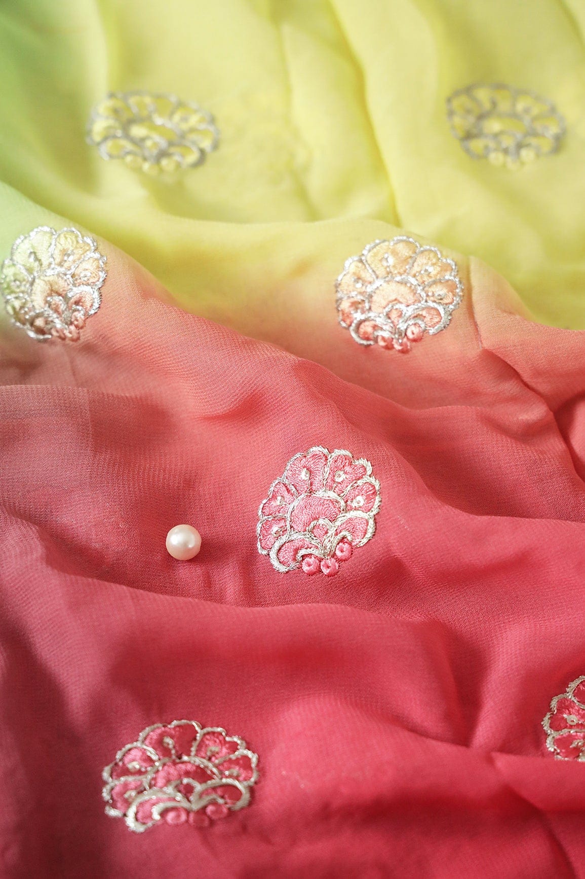 4 Meter Cut Piece Of Silver Zari With Thread Floral Butta Embroidery On Multi Color Viscose Georgette Fabric - doeraa