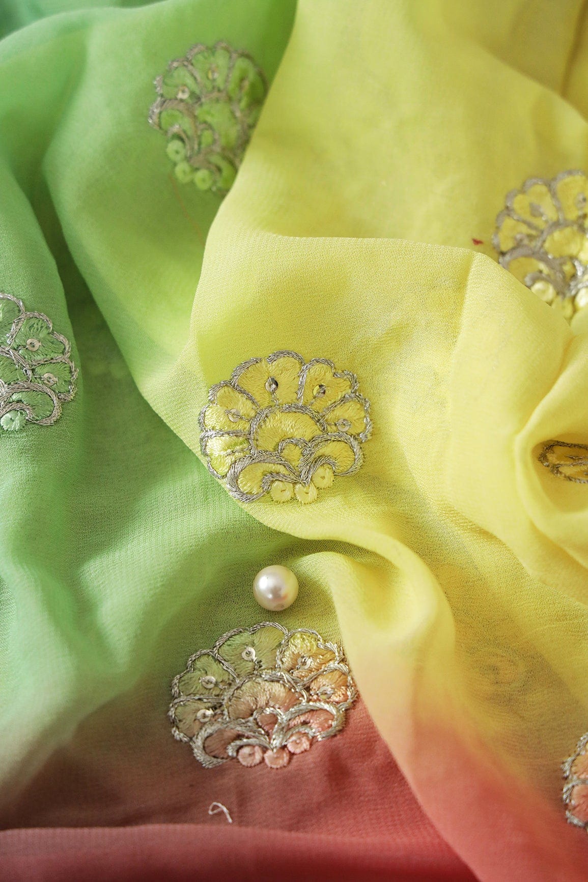 4 Meter Cut Piece Of Silver Zari With Thread Floral Butta Embroidery On Multi Color Viscose Georgette Fabric - doeraa