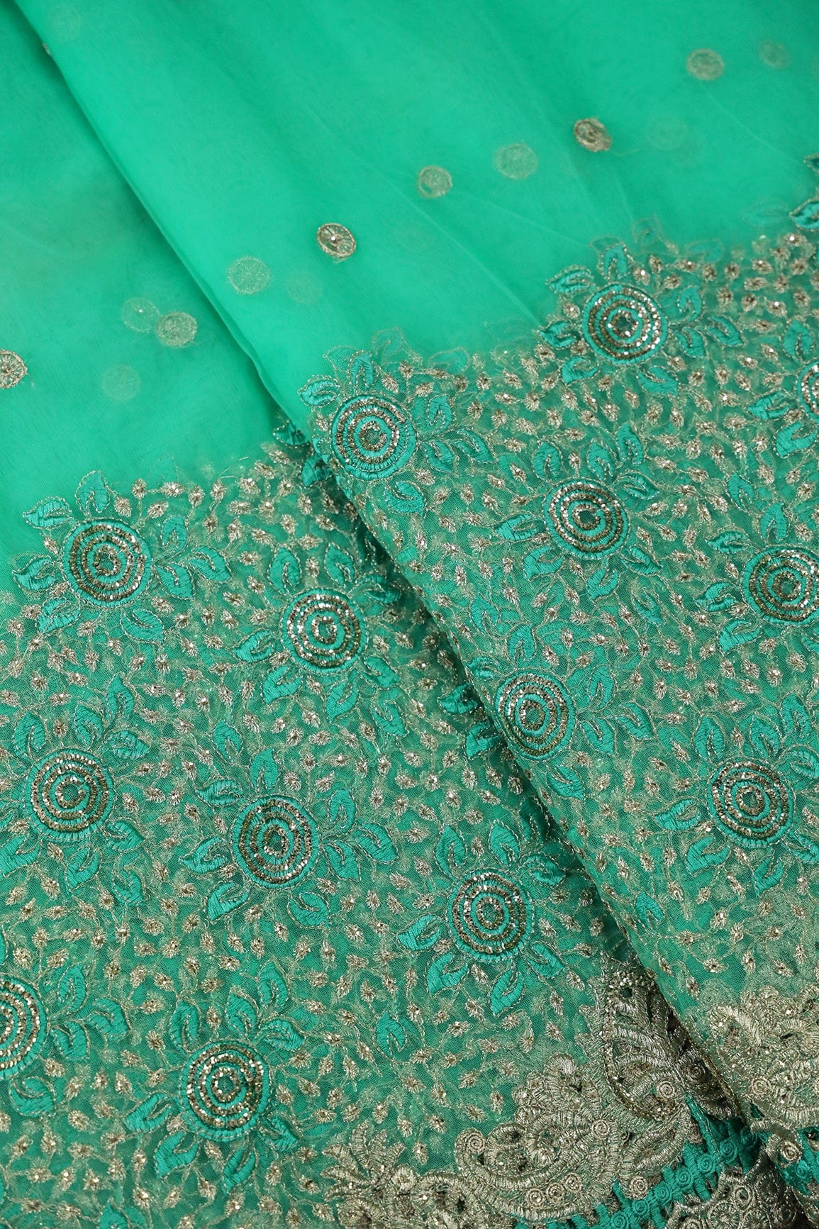 doeraa Embroidery Fabrics Big Width''56'' Mint Green Thread With Zari Floral Embroidery Work On Mint Green Soft Net Fabric With Border