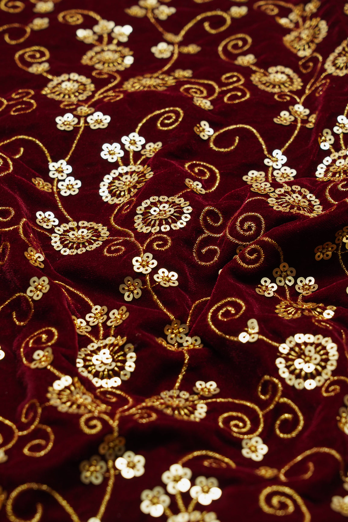 Gold Sequins With Gold Thread Embroidery On Maroon Velvet