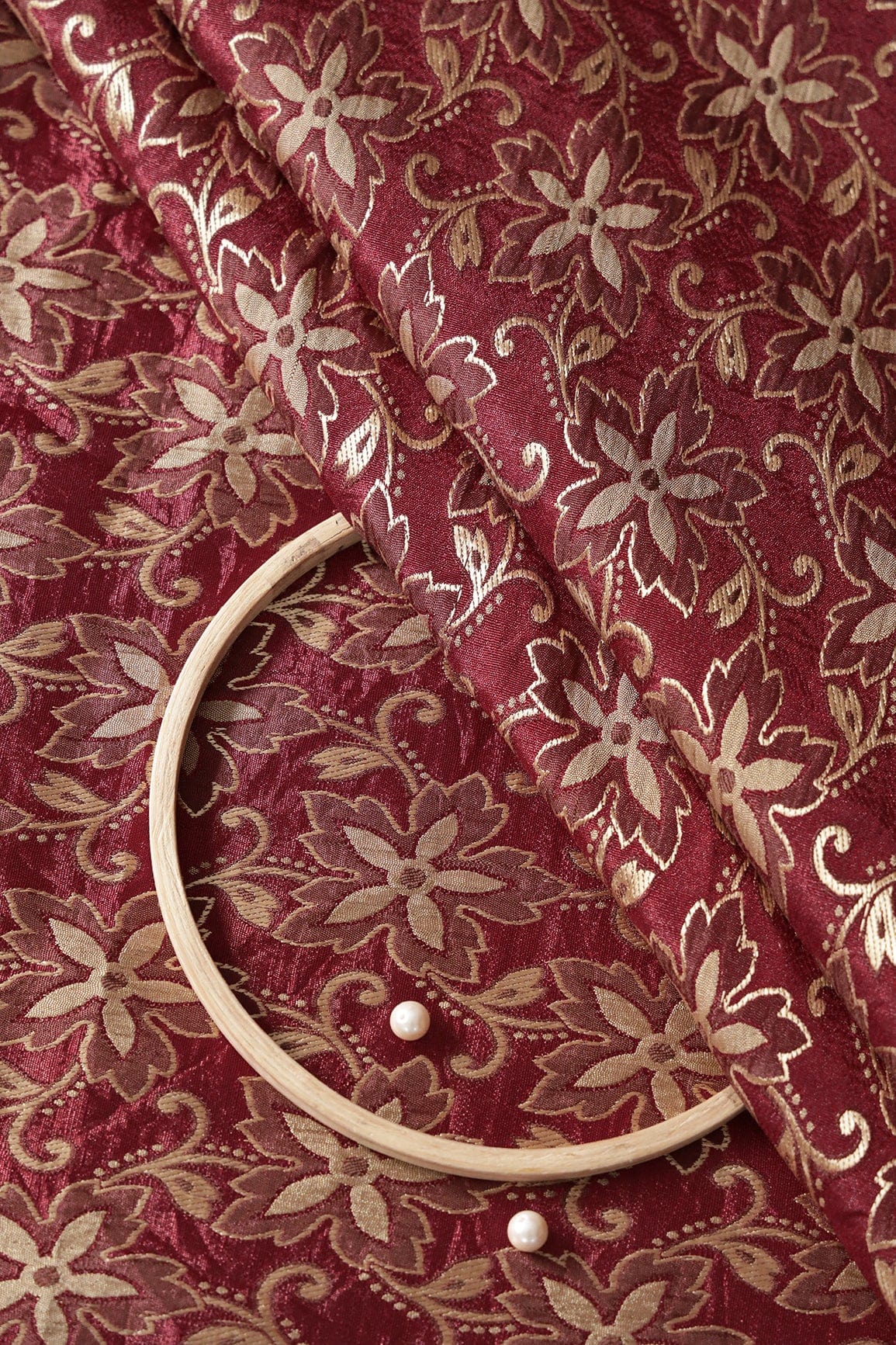 doeraa Banarasi Fabrics 1 Meter Cut Piece Of Maroon Floral Double Cloth Jacquard Banarasi Fabric