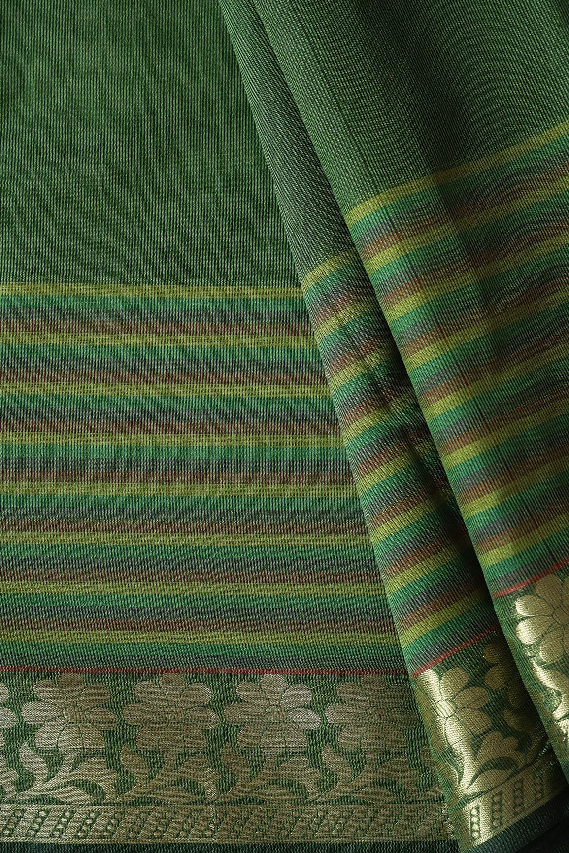 doeraa Banarasi Fabrics Beautiful Stripes With Floral Zari Jacquard Border Dark Olive Organza Fabric