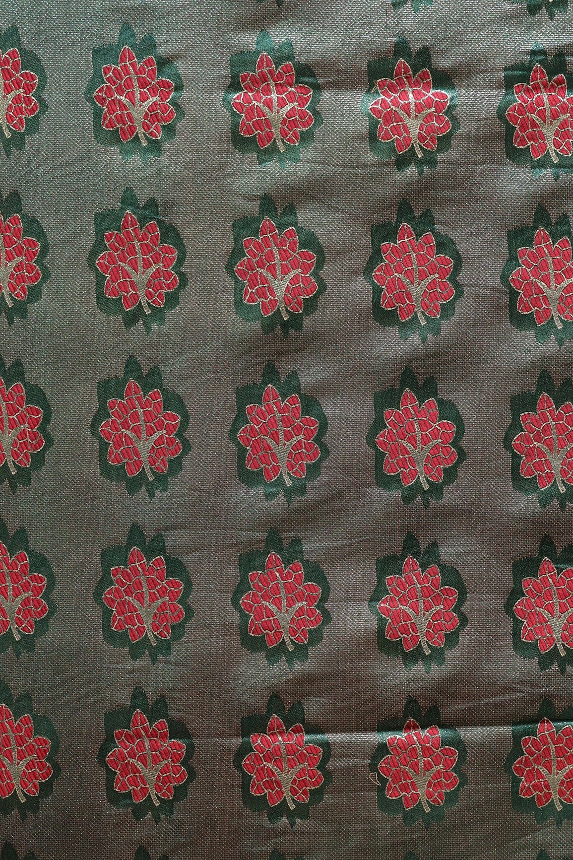 doeraa Banarasi Fabrics Bottle Green And Red Leafy Jute Banarasi Zari Jacquard Fabric
