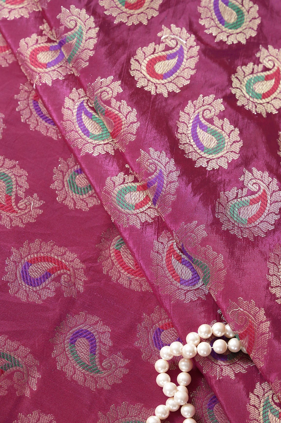 doeraa Banarasi Fabrics Fuchsia Paisley Silk Gold Zari Banarasi Jacquard Fabric