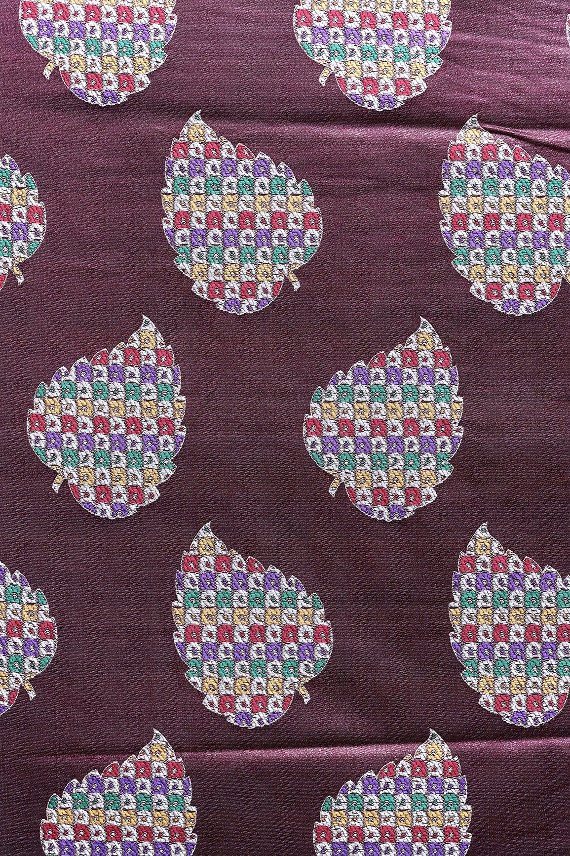 doeraa Banarasi Fabrics Magenta Leafy Silk Satin Jute Banarasi Jacquard Fabric