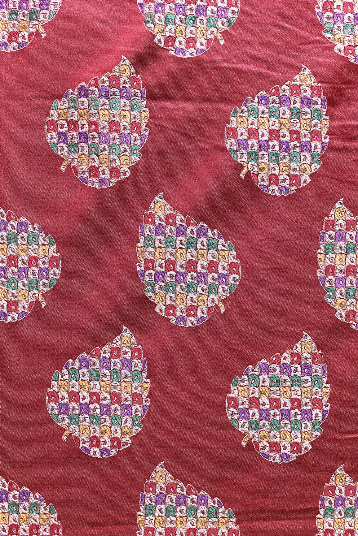 doeraa Banarasi Fabrics Maroon Leafy Silk Satin Jute Banarasi Jacquard Fabric
