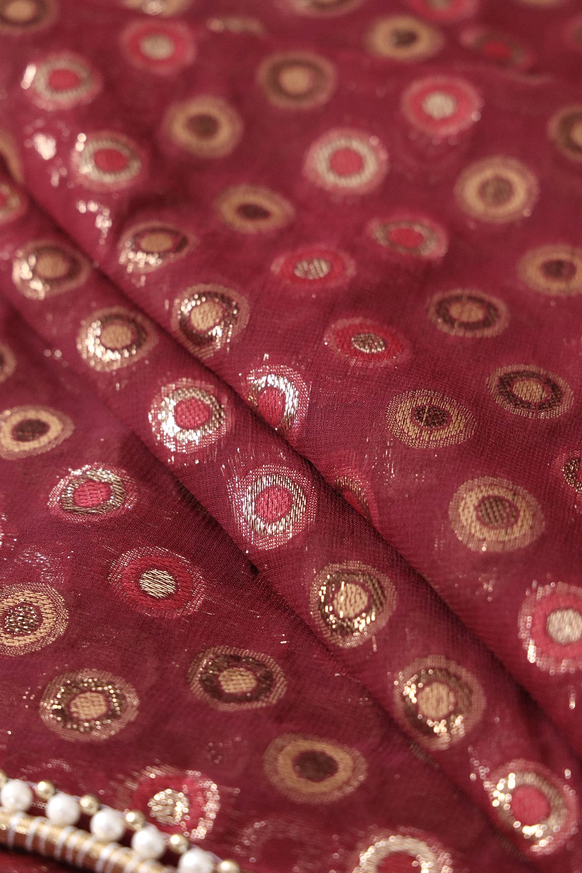 doeraa Banarasi Fabrics Maroon Polka Dots Pure Mul Georgette Zari Banarasi Jacquard Fabric