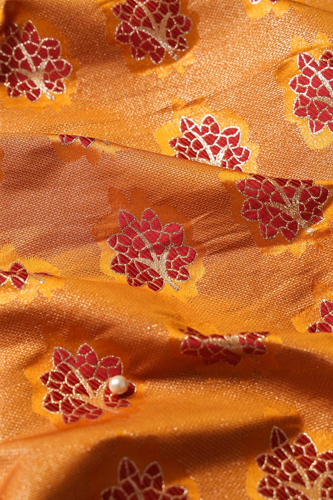 doeraa Banarasi Fabrics Mustard And Red Leafy Jute Banarasi Zari Jacquard Fabric