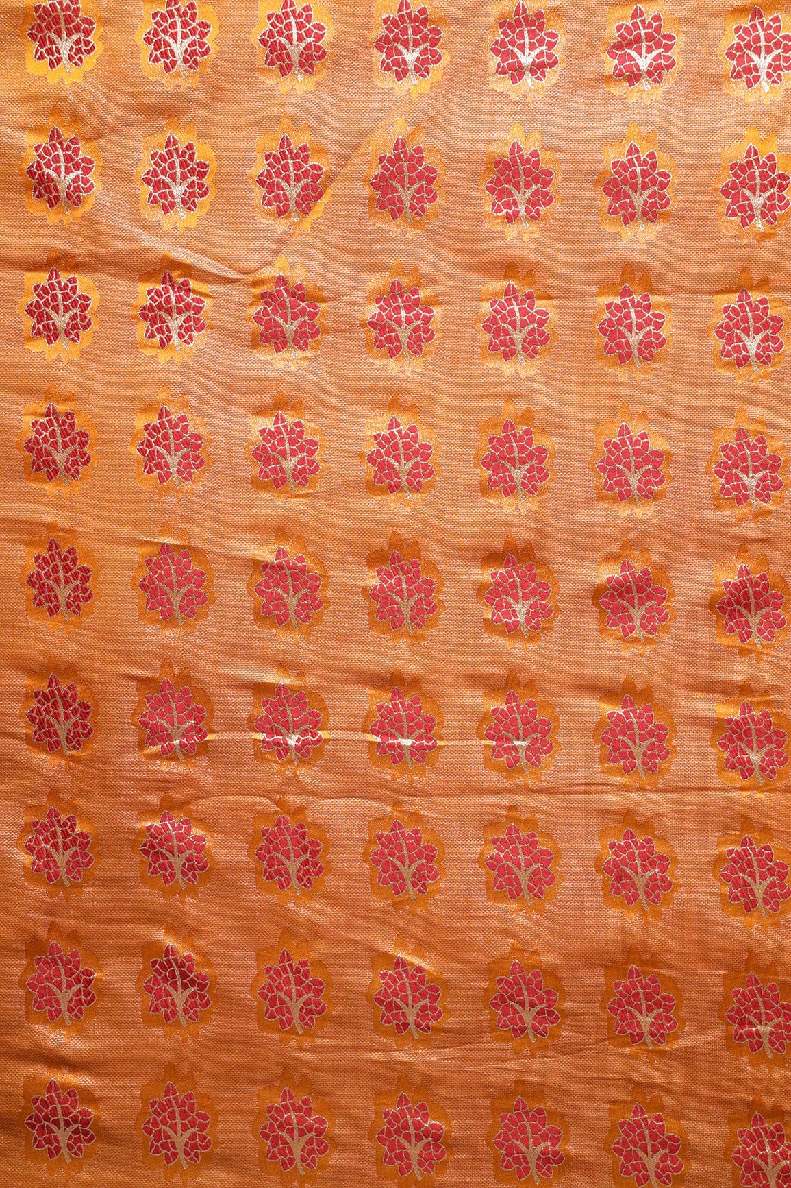 doeraa Banarasi Fabrics Mustard And Red Leafy Jute Banarasi Zari Jacquard Fabric