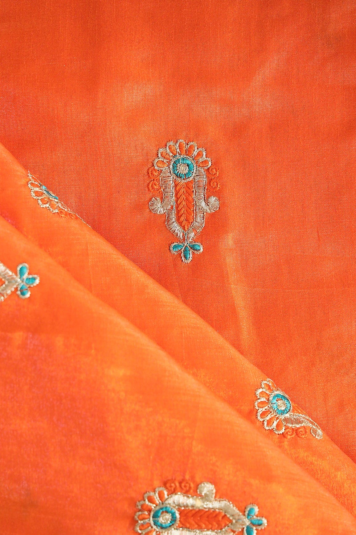 doeraa Banarasi Fabrics Orange Thread With Gold Zari Motif Embroidery On Orange Banglori Satin Fabric