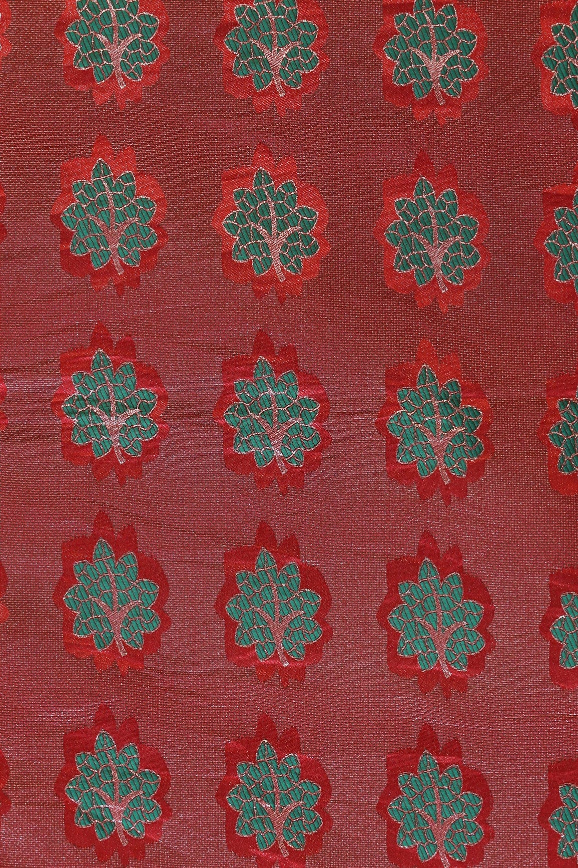 doeraa Banarasi Fabrics Red And Green Leafy Jute Banarasi Zari Jacquard Fabric