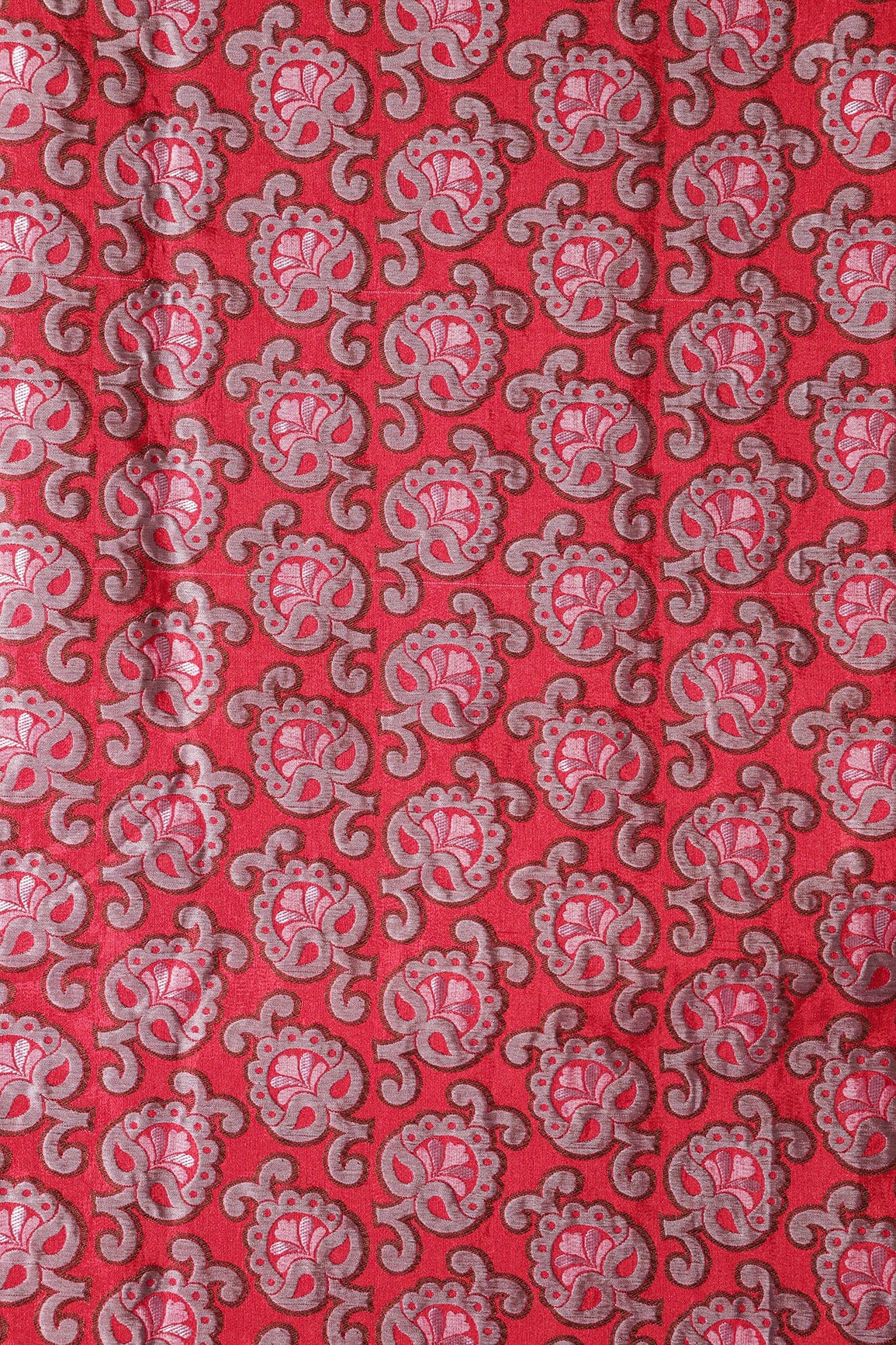 doeraa Banarasi Fabrics Red And Grey Floral Silk Satin Jute Banarasi Jacquard Fabric