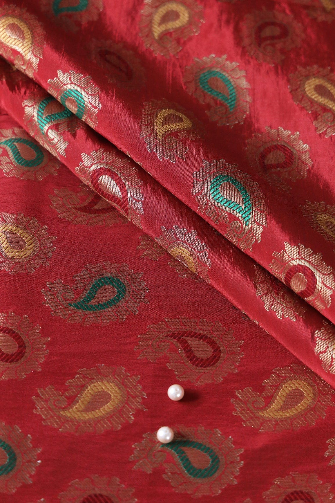 doeraa Banarasi Fabrics Red Paisley Silk Gold Zari Banarasi Jacquard Fabric