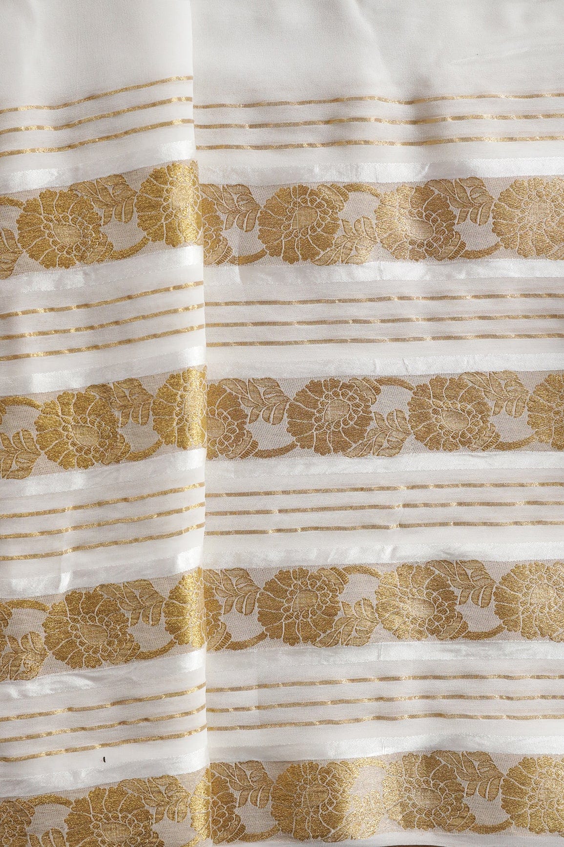 doeraa Banarasi Fabrics White Floral Gold Zari Jacquard Banarasi Pure Viscose Georgette Fabric