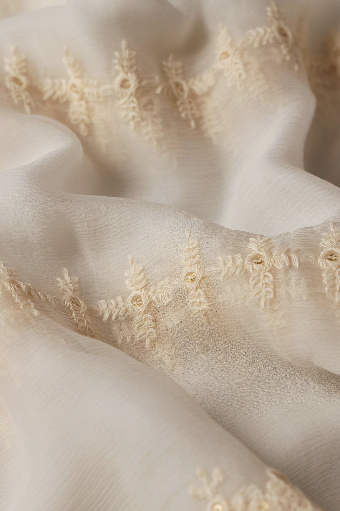 doeraa Banarasi Fabrics White Thread With Gold Sequins Geometric Lucknowi Embroidery Work On Pure Bemberg Chiffon Fabric With Border