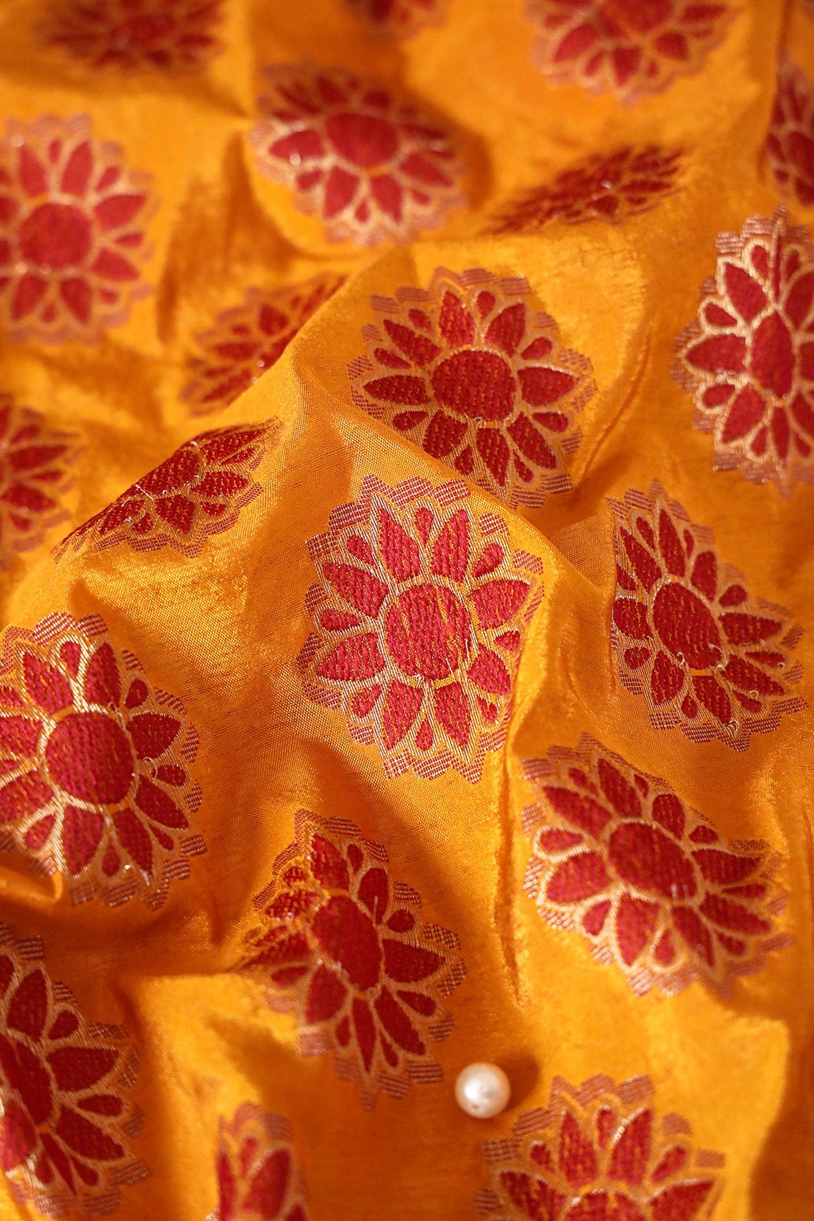 doeraa Banarasi Fabrics Yellow Ochre And Red Floral Butta Silk Gold Zari Banarasi Jacquard Fabric