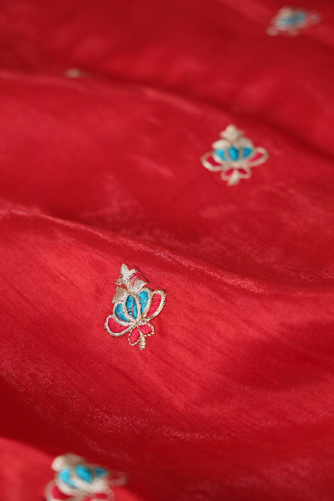 doeraa Banarasi Fabrics Zari With Blue Motif Embroidery on Red Banglori Satin Fabric