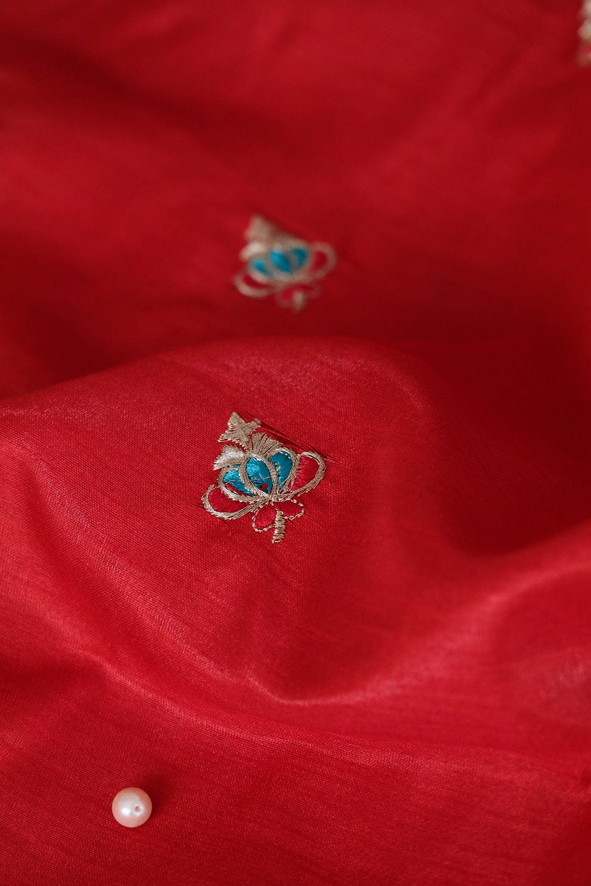 doeraa Banarasi Fabrics Zari With Blue Motif Embroidery on Red Banglori Satin Fabric