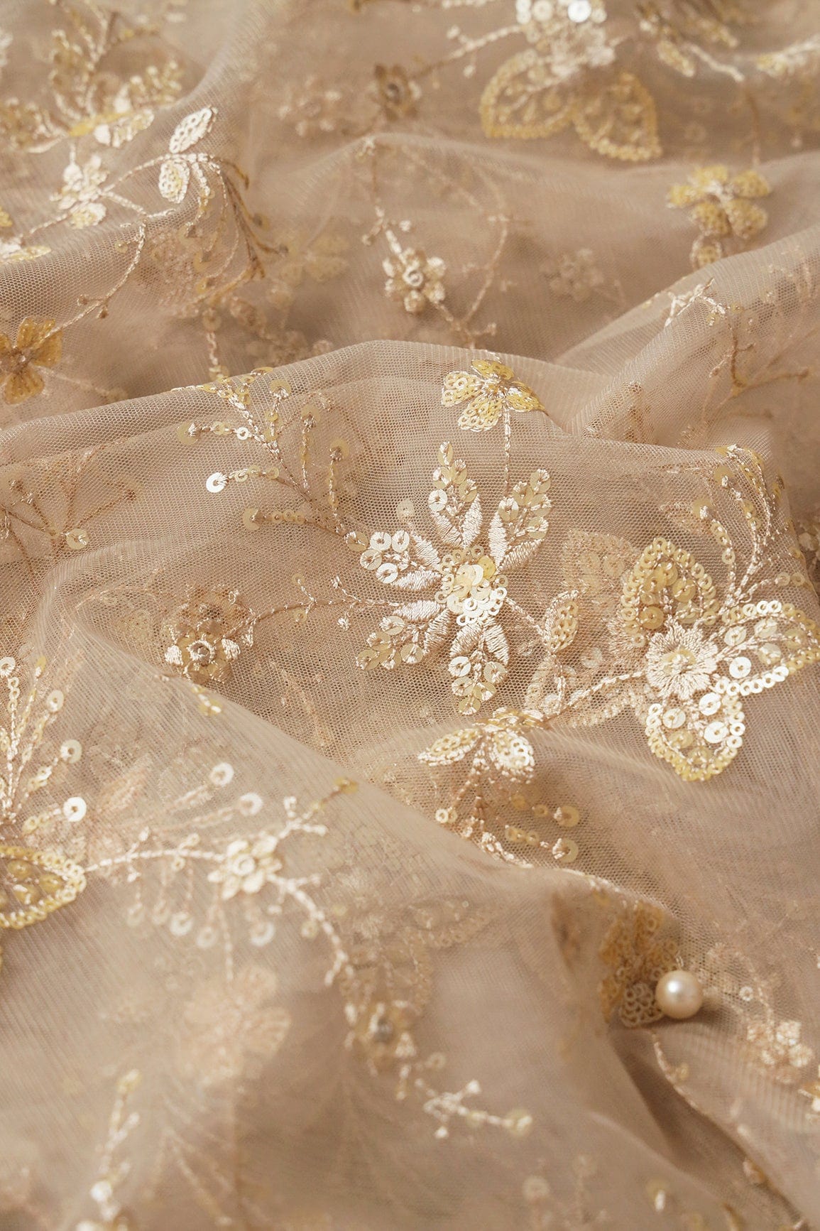 Beautiful Beige Thread With Sequins Floral Embroidery Work On Light Beige Soft Net Fabric - doeraa