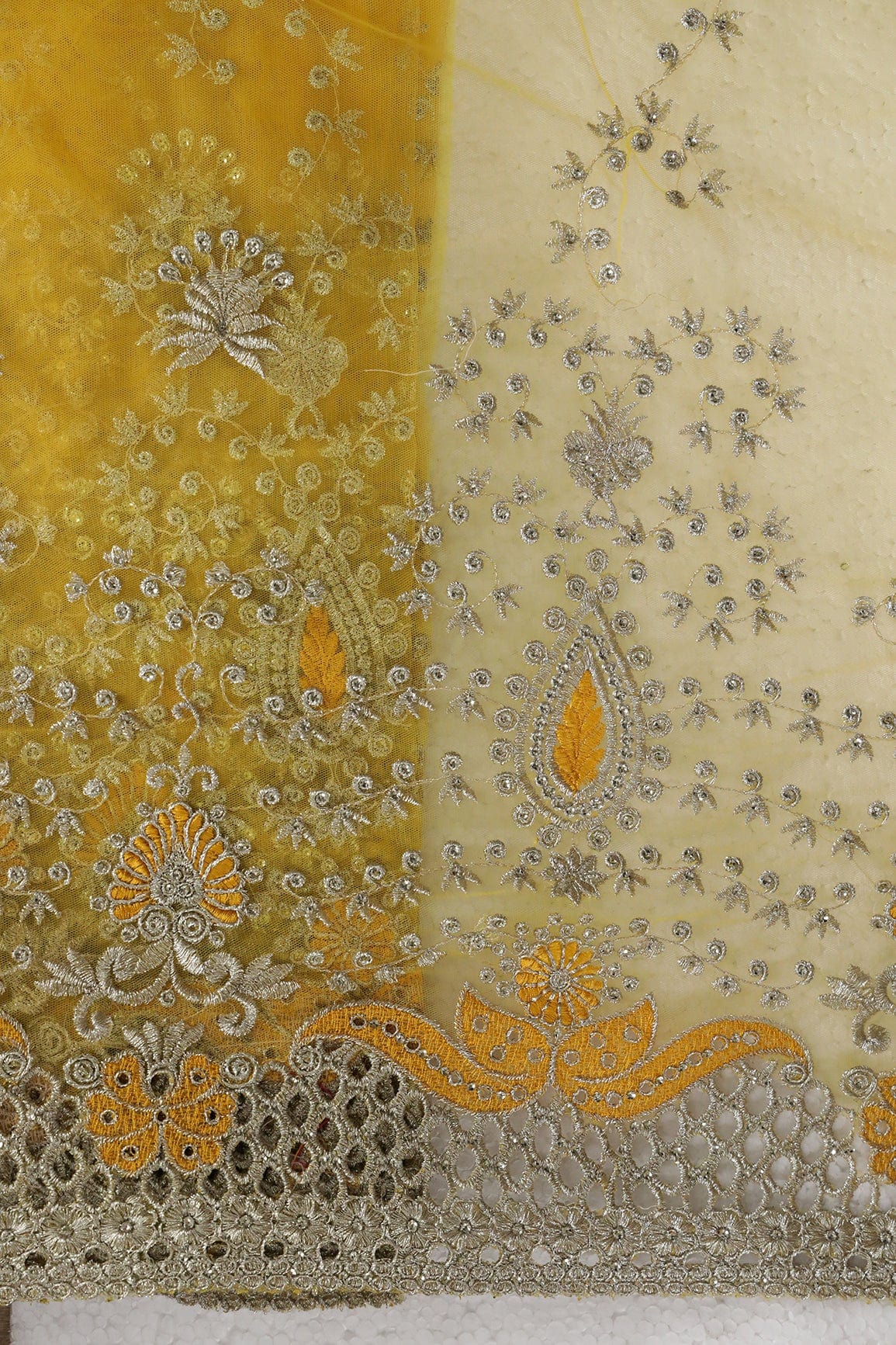 Big Width''56'' Yellow Thread With Zari Leafy Embroidery Work On Yellow Soft Net Fabric With Border - doeraa