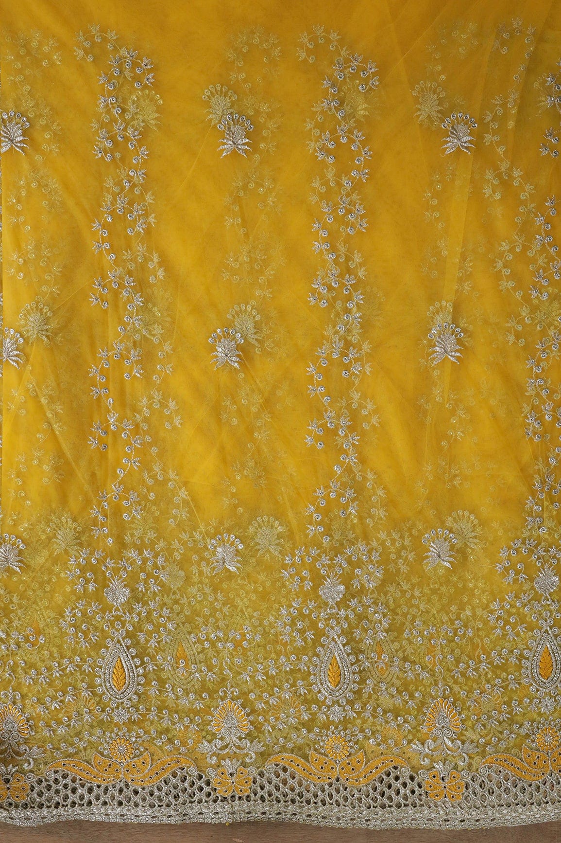 Big Width''56'' Yellow Thread With Zari Leafy Embroidery Work On Yellow Soft Net Fabric With Border - doeraa