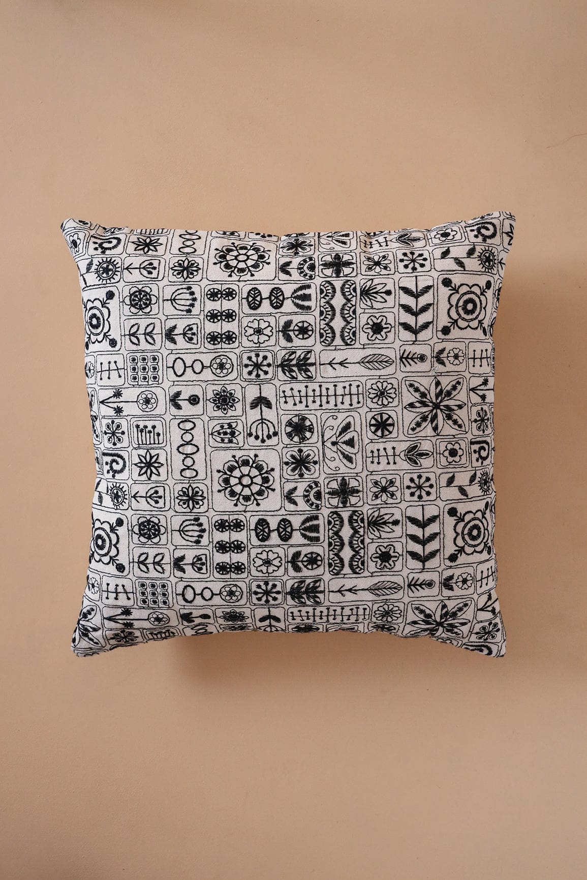 doeraa Black Cultural Embroidery on off white cotton Cushion Cover (16*16 inches)