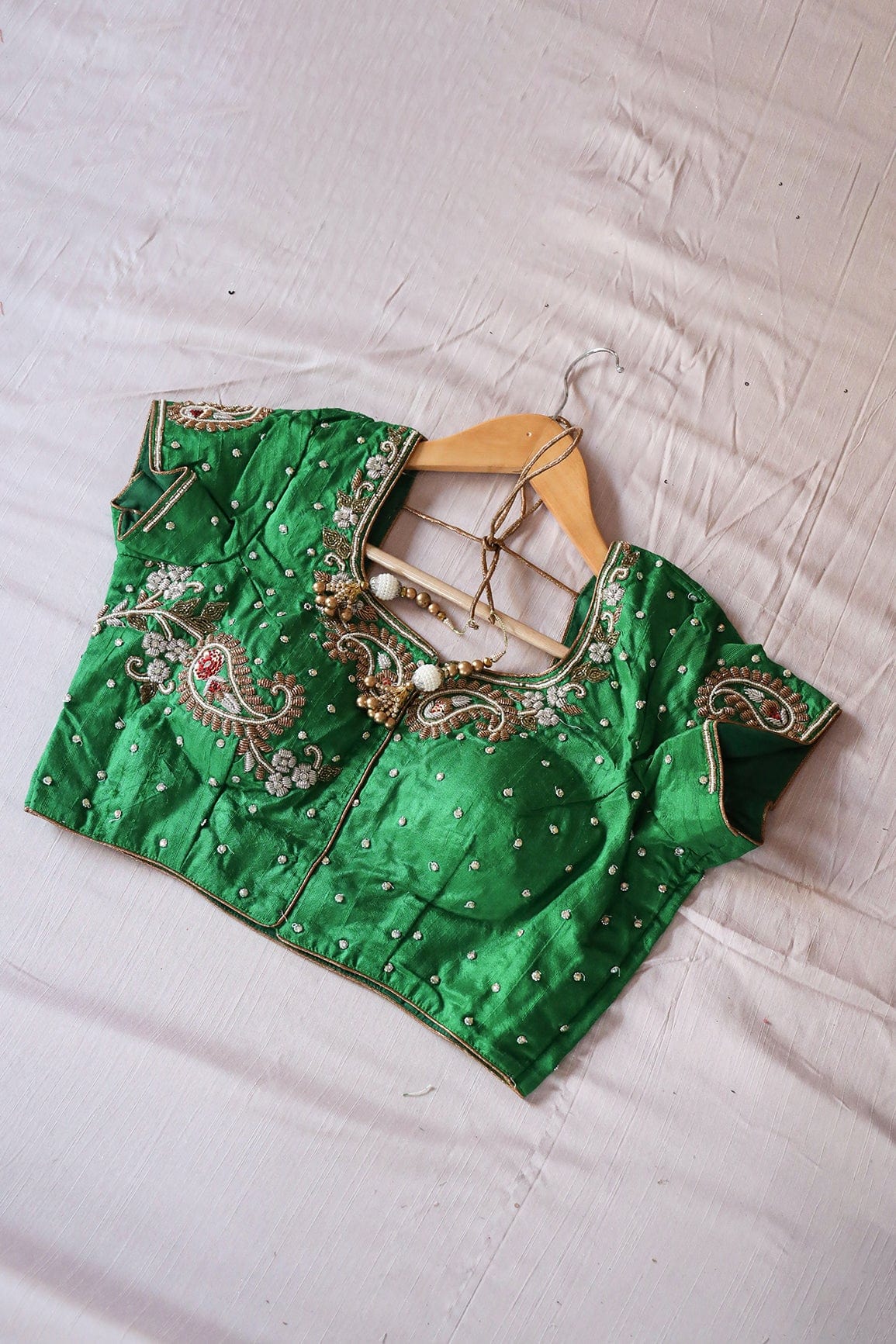 doeraa Blouse Green Hand Work Emboidery Raw Silk Stitched Blouse