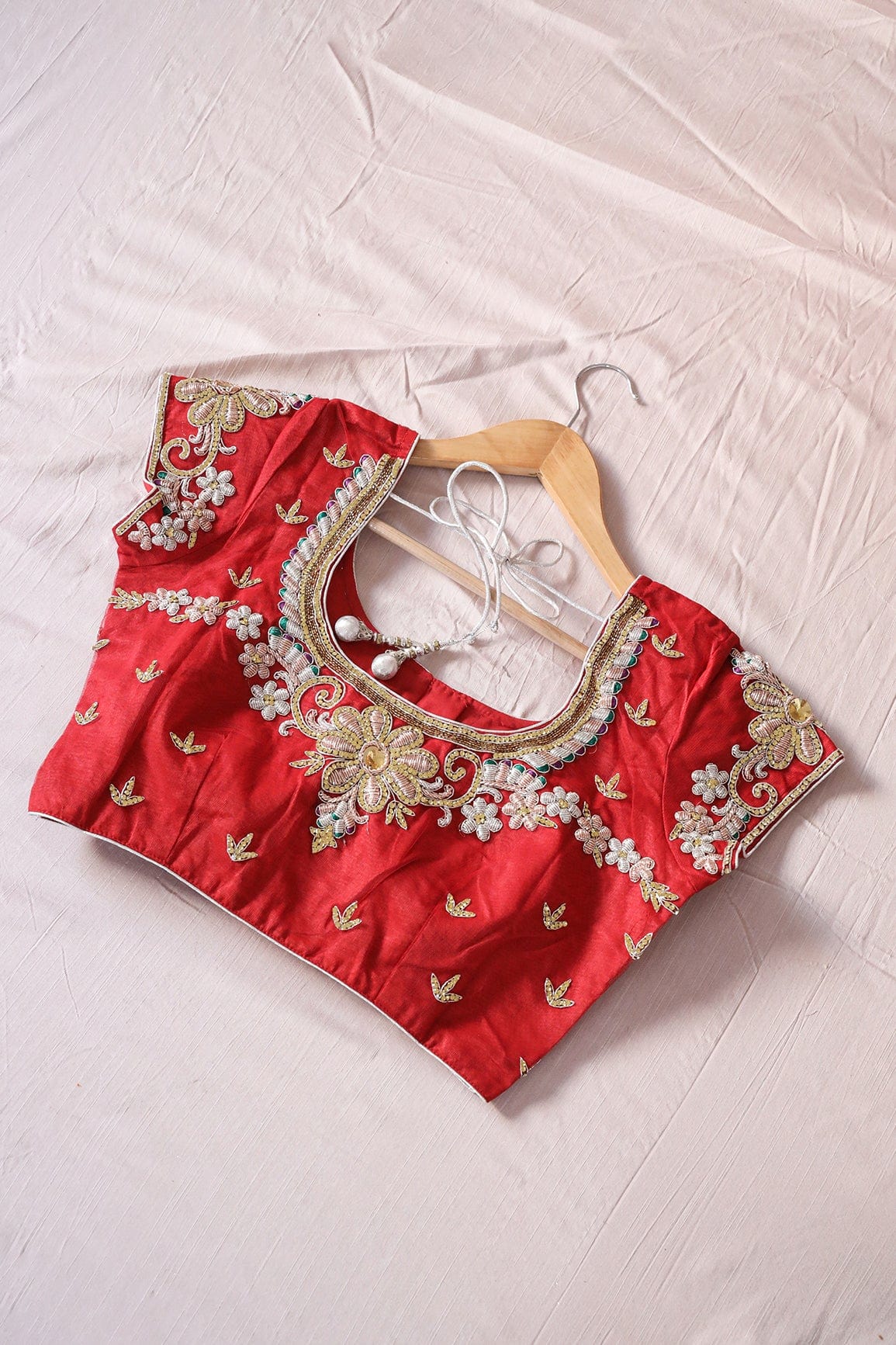 doeraa Blouse Red Hand Work Embroidery Net Stitched Blouse