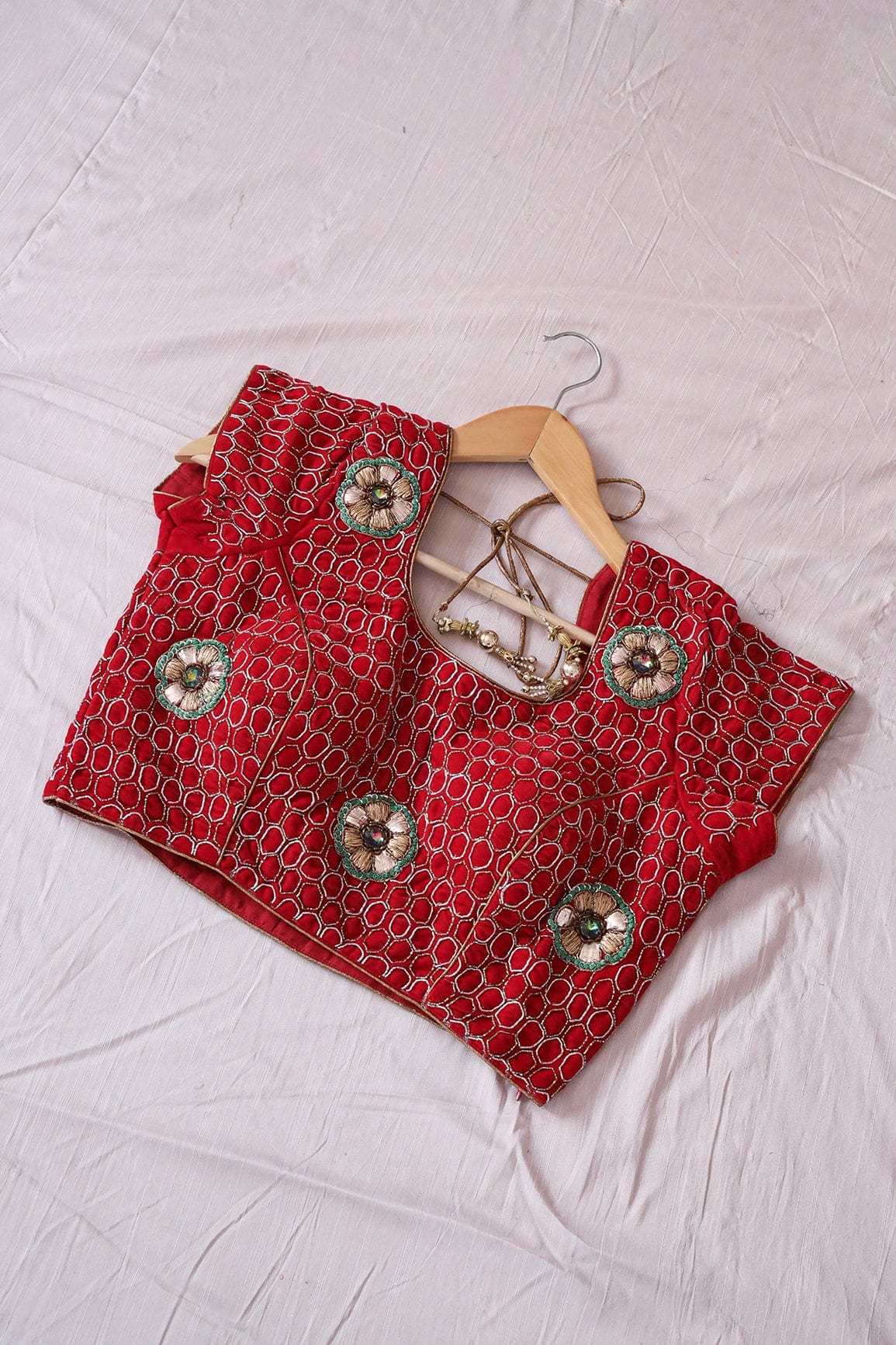 doeraa Blouse Red Hand Work Embroidery Velvet Stitched Blouse