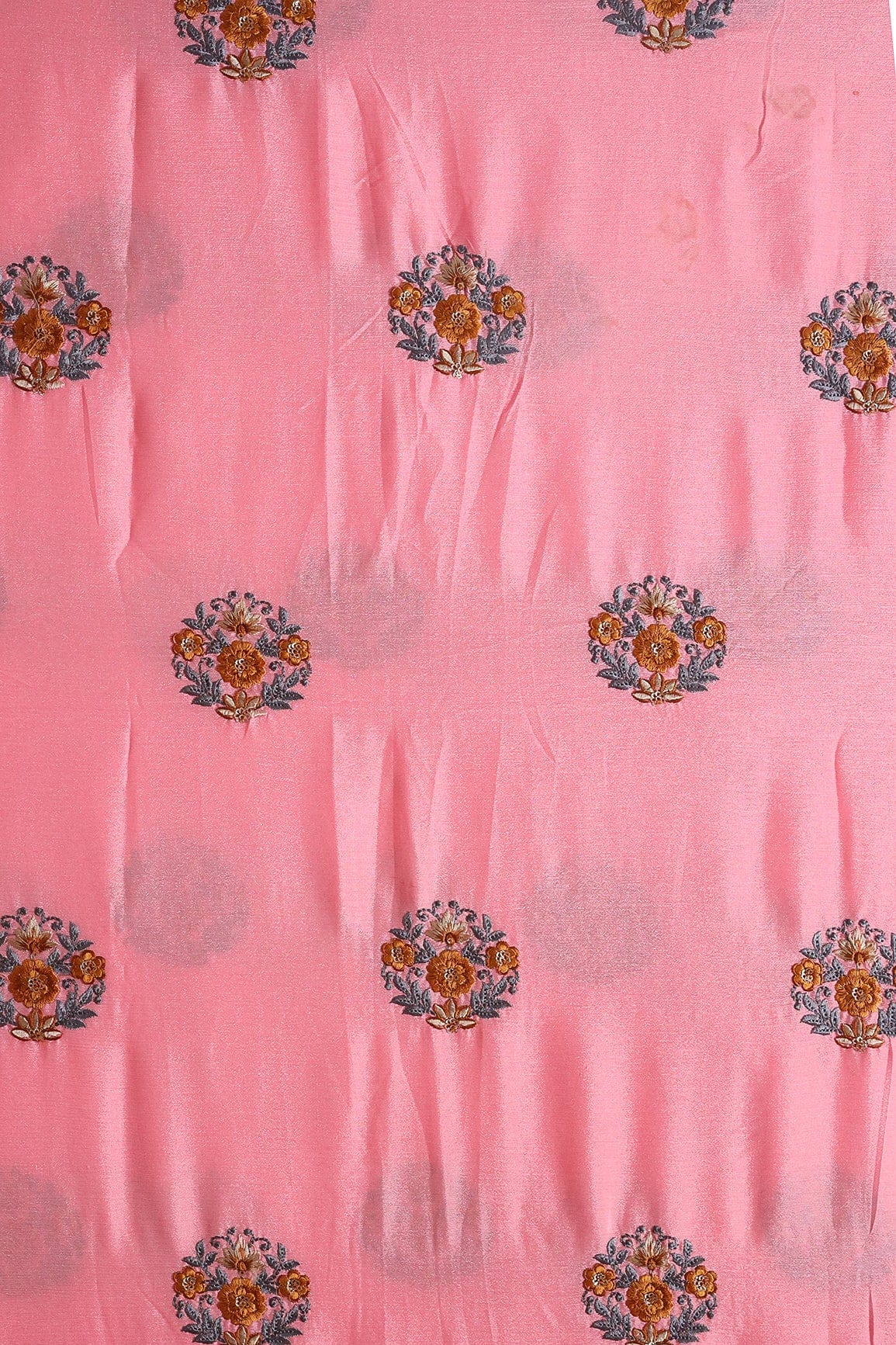 Brown And Grey Thread With Gold Sequins Floral Embroidery Work On Pink Chinnon Chiffon Fabric - doeraa