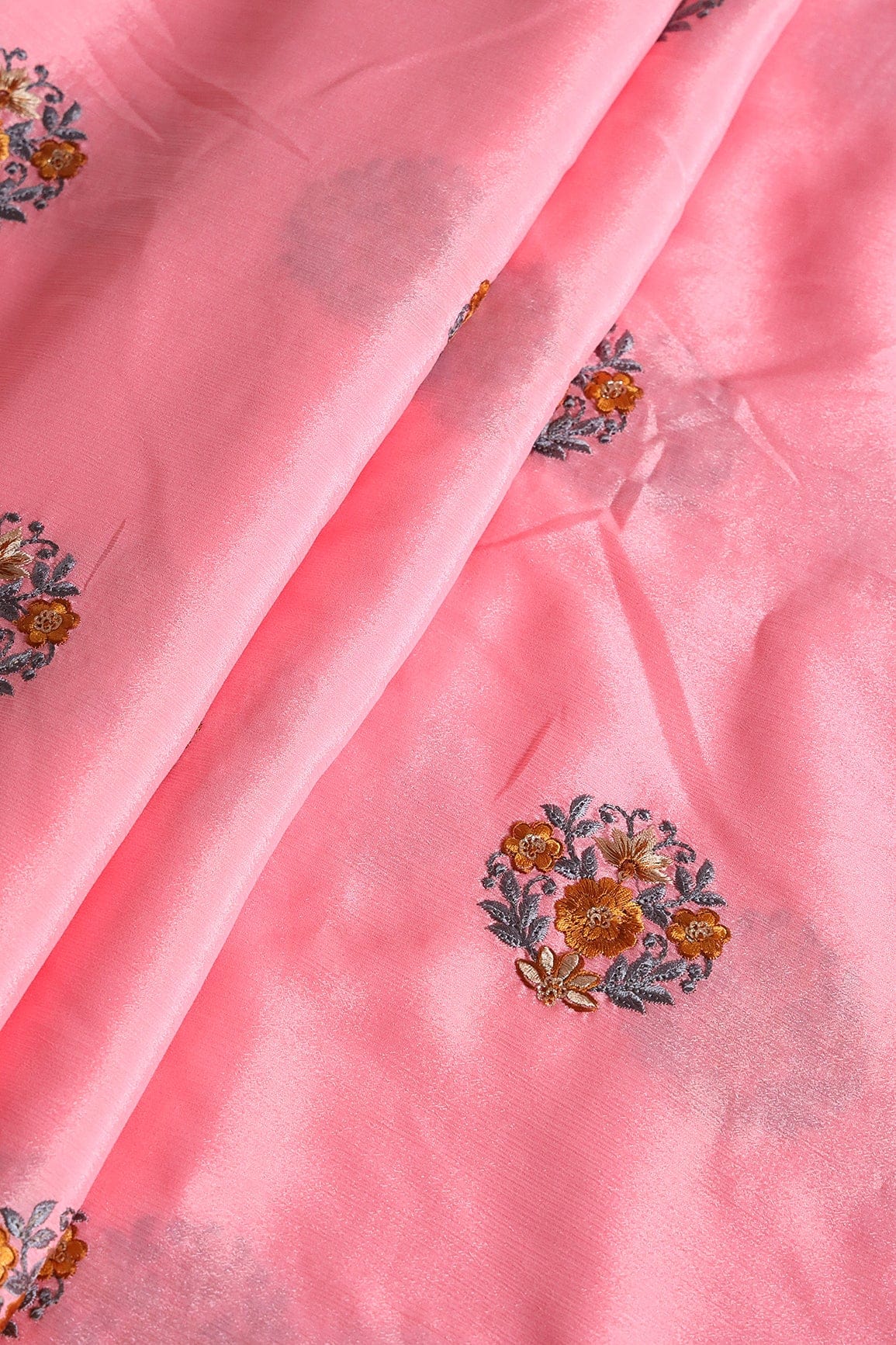 Brown And Grey Thread With Gold Sequins Floral Embroidery Work On Pink Chinnon Chiffon Fabric - doeraa