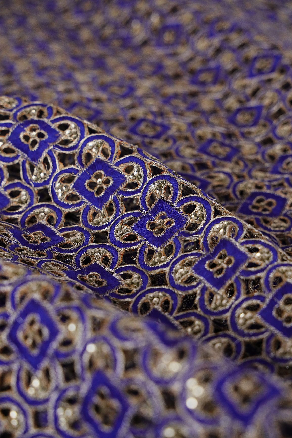 doeraa Cut Work Fabrics Gold Zari Embroidery Work with Sequins on Royal Blue Cut Work Fabric