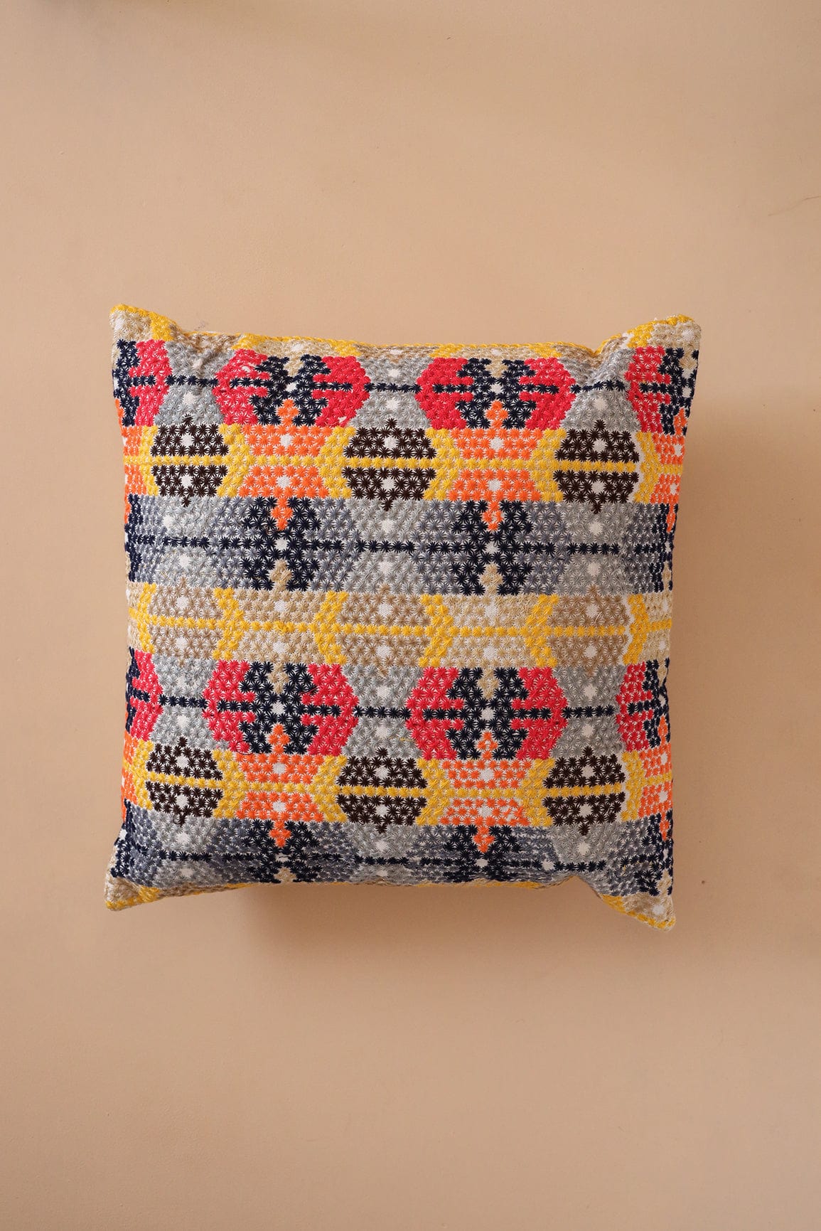 doeraa Dotted Pattern Multi Colour Embroidery on off white cotton Cushion Cover (16*16 inches)