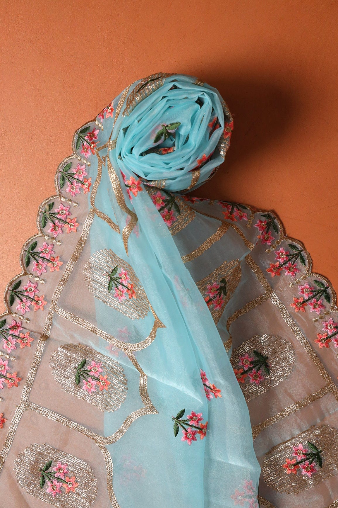 doeraa Dupatta Multi Thread With Gold Sequins Floral Embroidery Work On Sky Blue Tissue Dupatta With Border