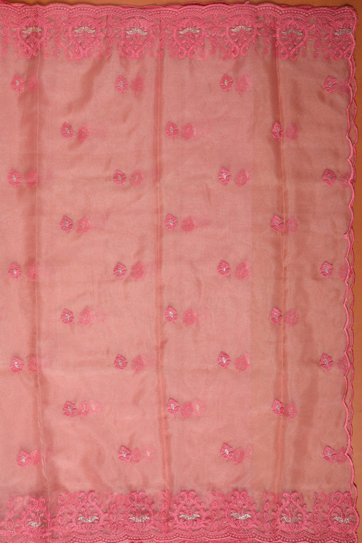 doeraa Dupatta Pink Thread With Gold Sequins Floral Embroidery Work On Salmon Pink Organza Dupatta With Border