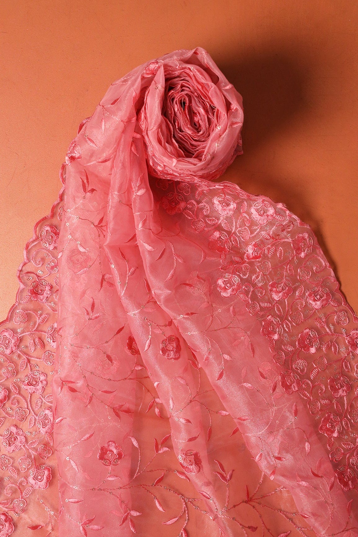 doeraa Dupatta Pink Thread With Gold Sequins Floral Embroidery Work On Salmon Pink Organza Dupatta With Border