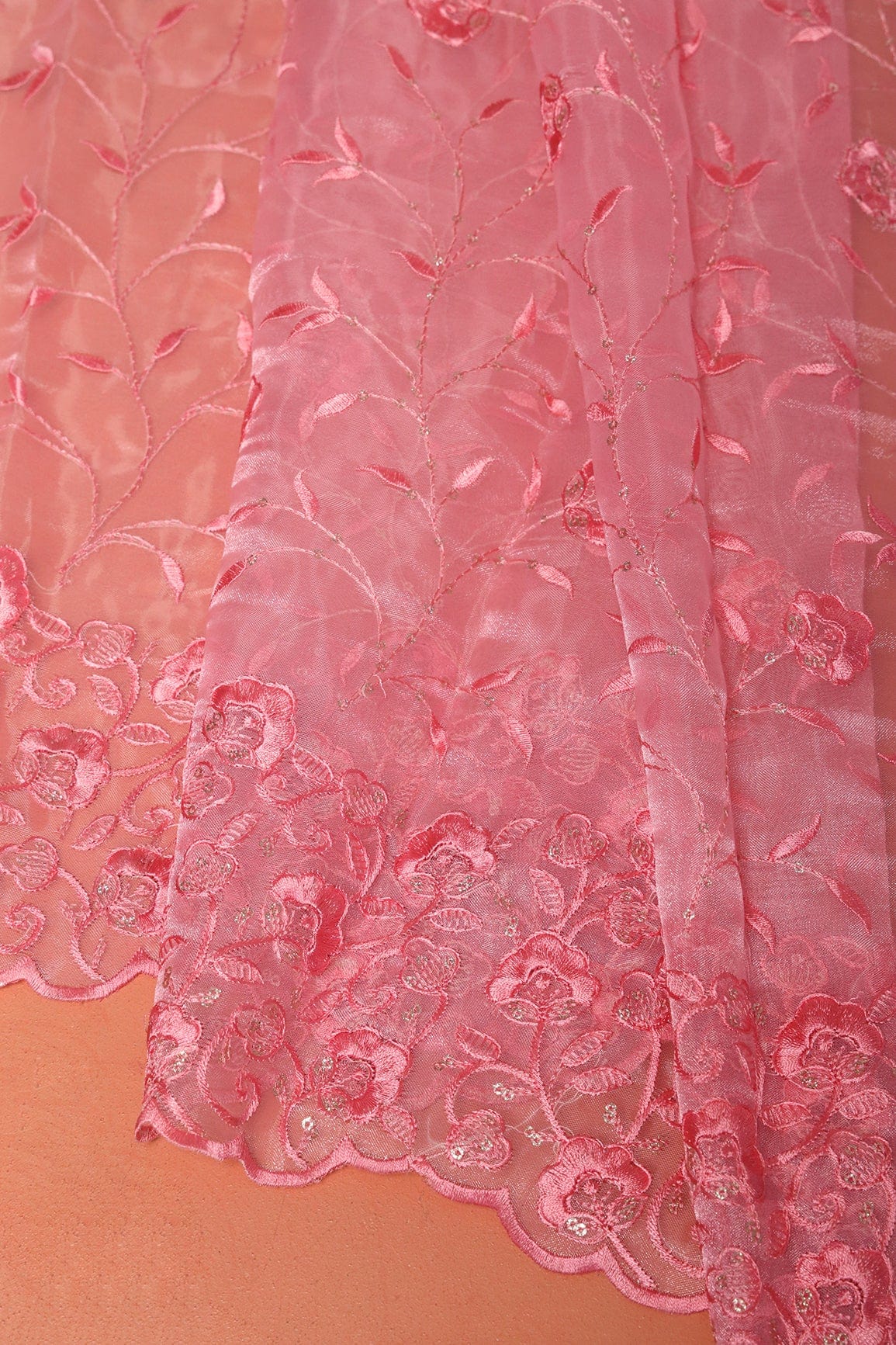 doeraa Dupatta Pink Thread With Gold Sequins Floral Embroidery Work On Salmon Pink Organza Dupatta With Border