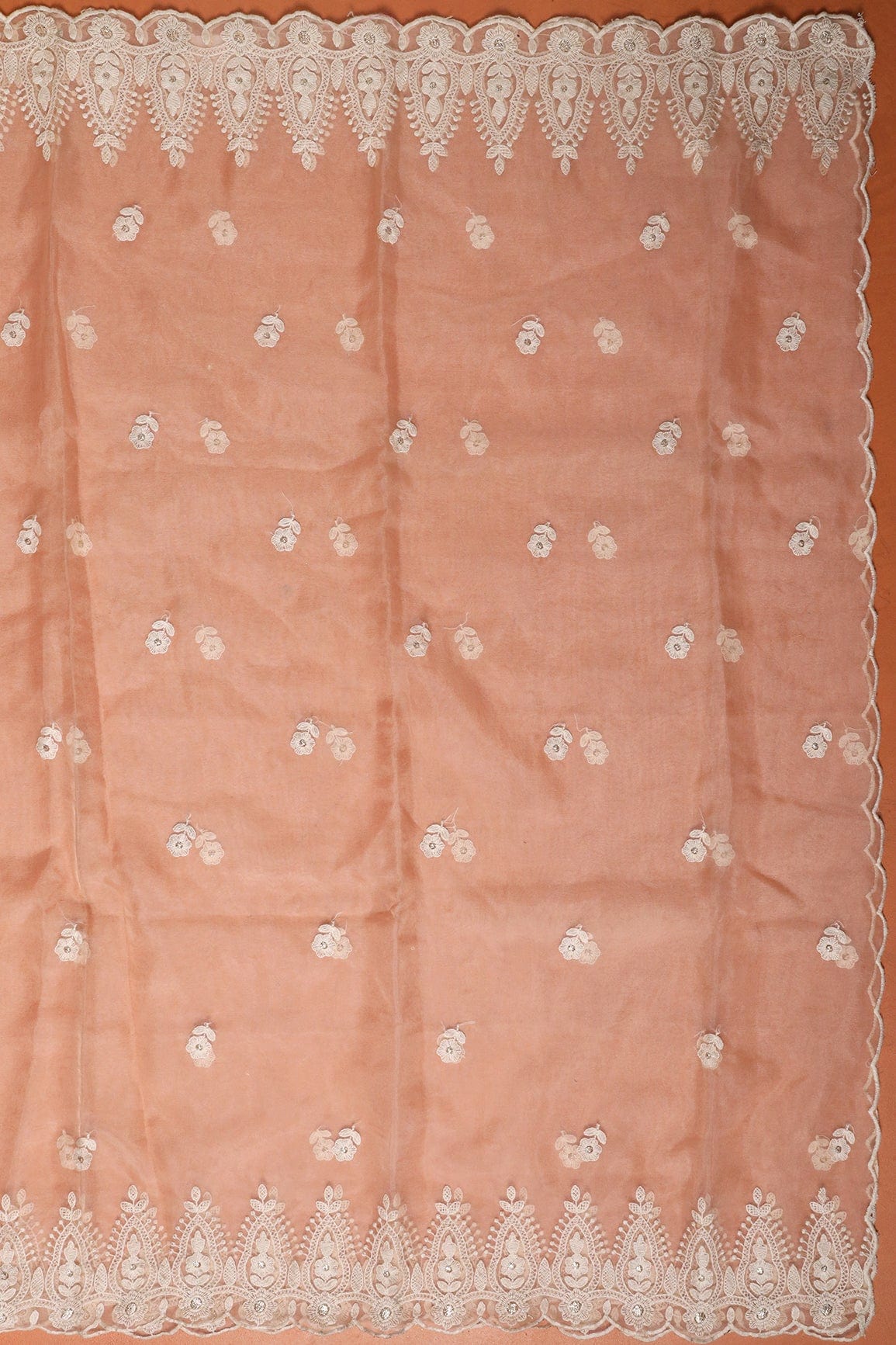 doeraa Dupatta White Thread With Gold Zari Floral Lucknowi Embroidery Work On Peach Organza Dupatta With Border