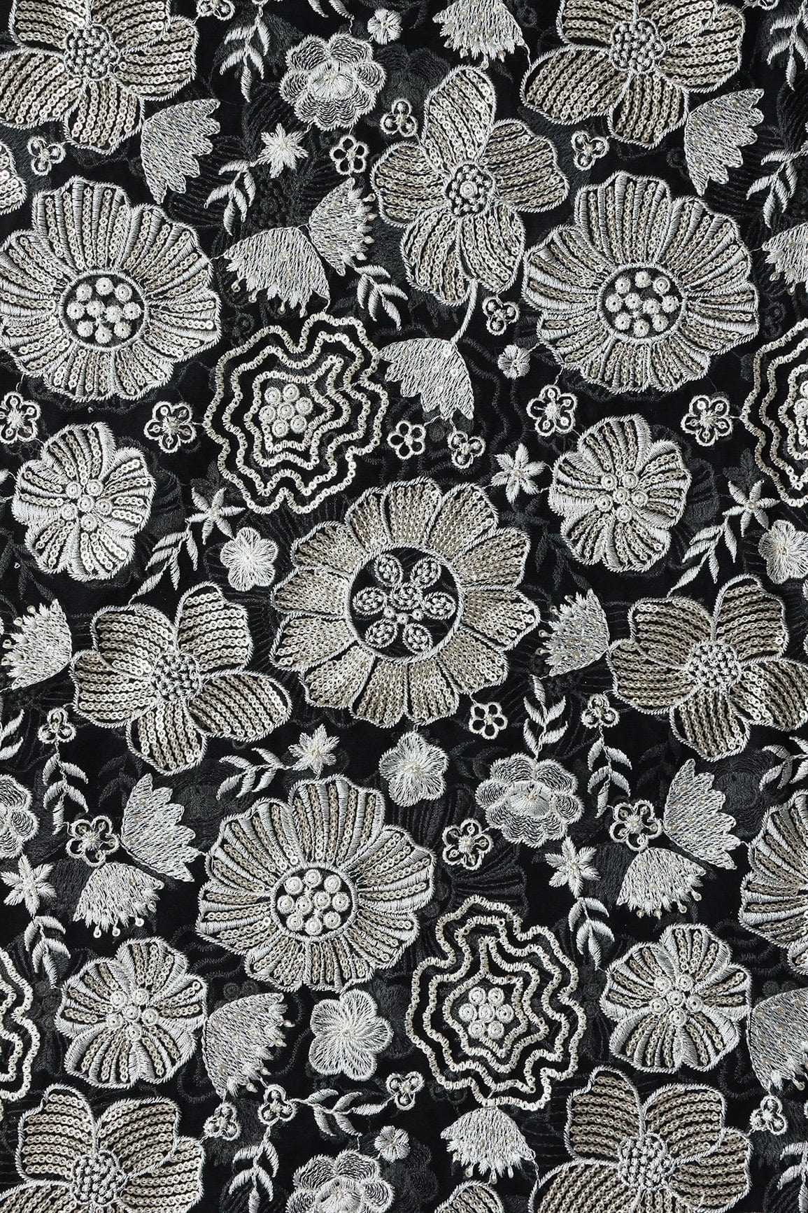 doeraa Embroidery Fabric White Thread With Gold Sequins Floral Embroidery Work On Black Viscose Georgette Fabric