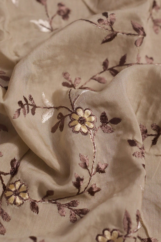 doeraa Embroidery Fabrics 1.25 Meter Cut Piece Of Brown And White Thread Floral Embroidery On Beige Muslin Silk Fabric