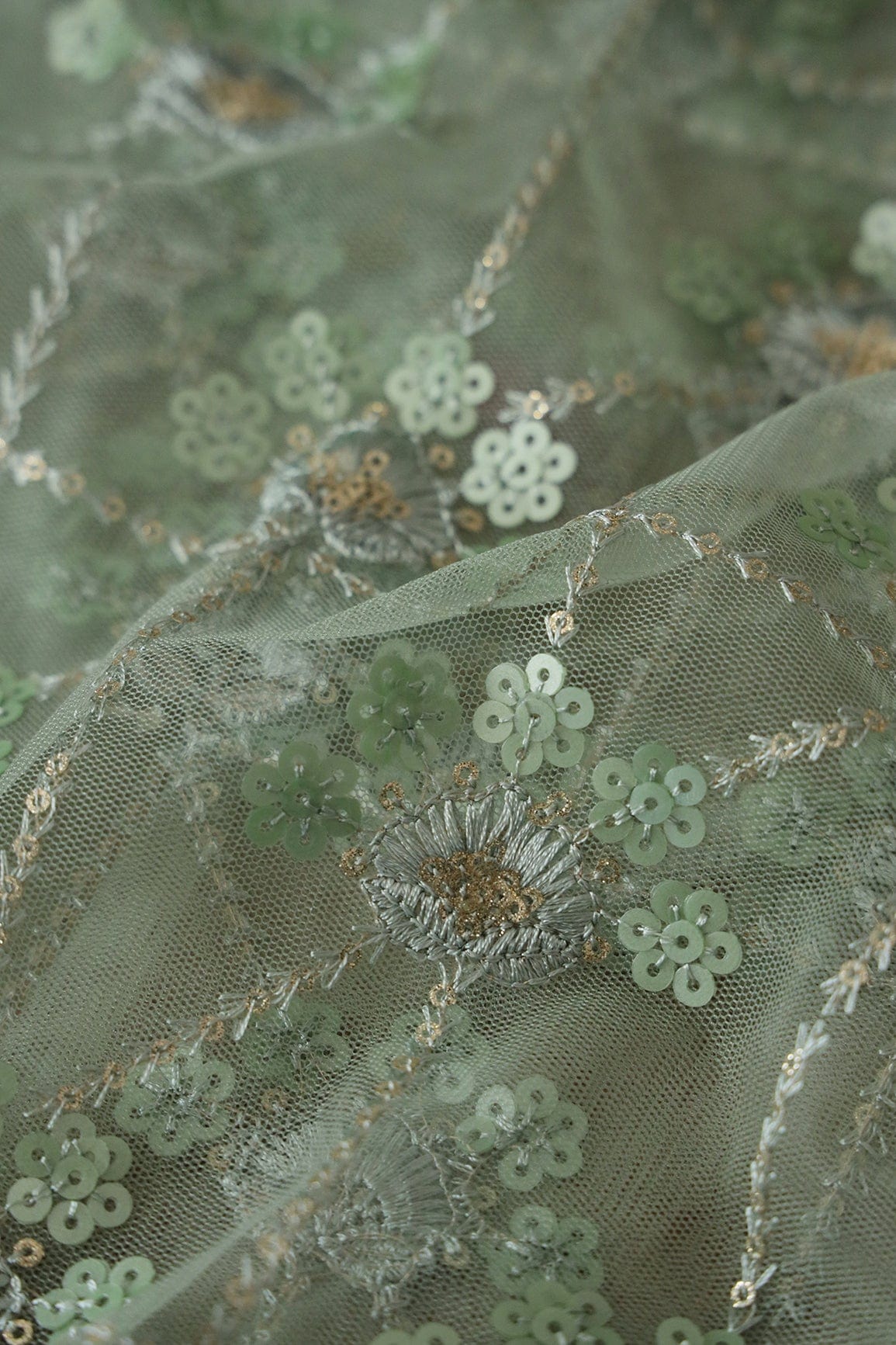 doeraa Embroidery Fabrics 1.25 Meter Cut Piece Of Light Green Thread With Olive Sequins Floral Embroidery On Olive Soft Net Fabric