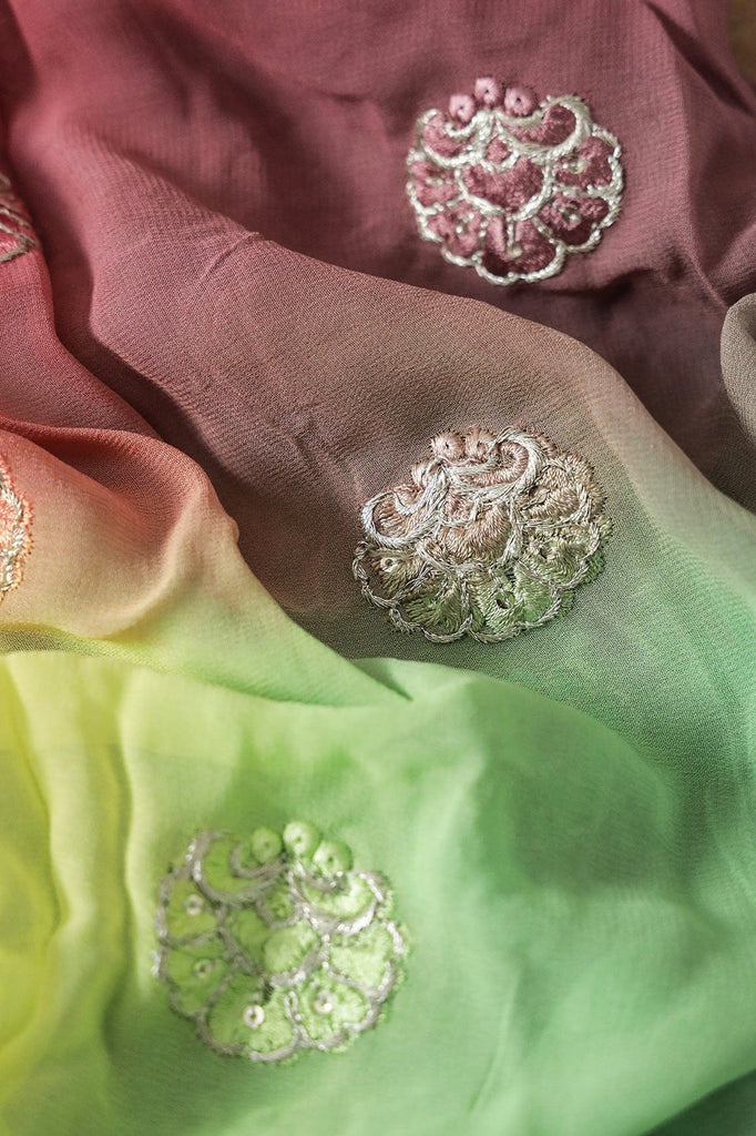 doeraa Embroidery Fabrics 1.25 Meter Cut Piece Of Silver Zari With Thread Floral Butta Embroidery On Multi Color Viscose Georgette Fabric