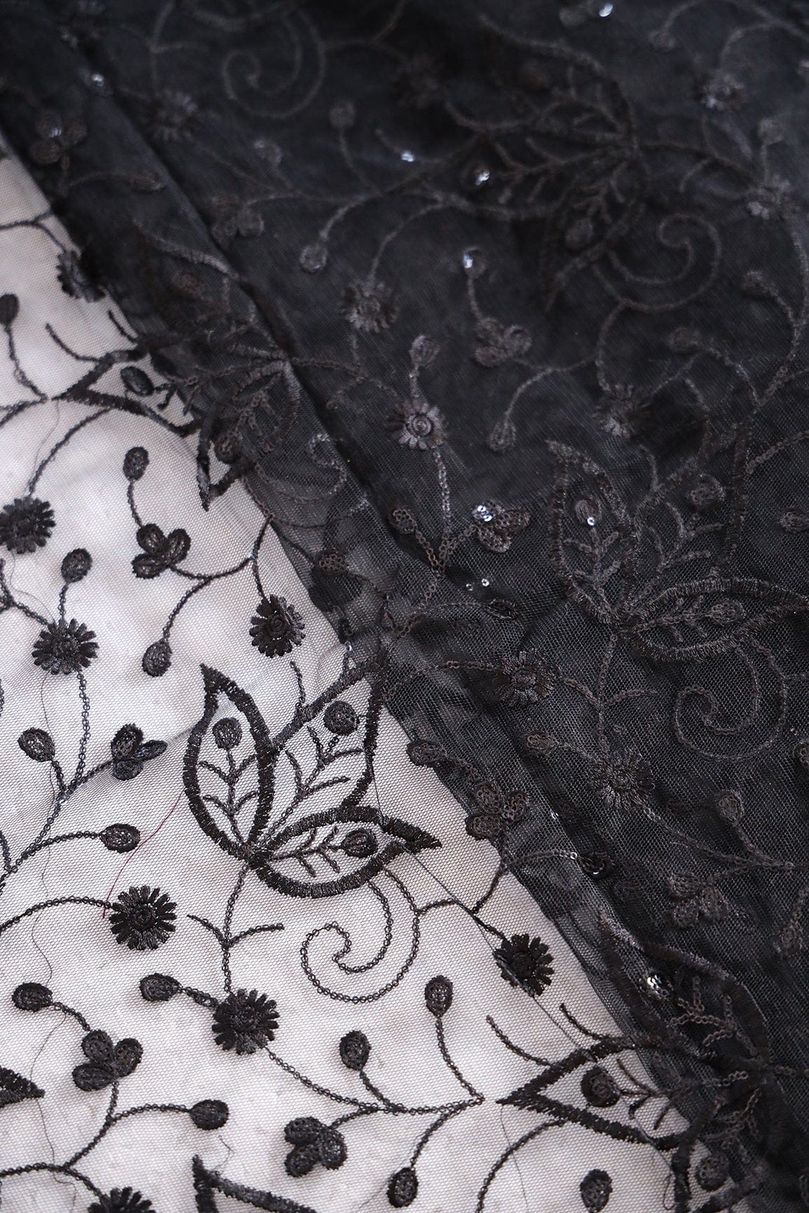 doeraa Embroidery Fabrics 1.50 Meter Cut Piece Of Black Thread With Sequins Beautiful Leafy Embroidery Work On Black Soft Net Fabric