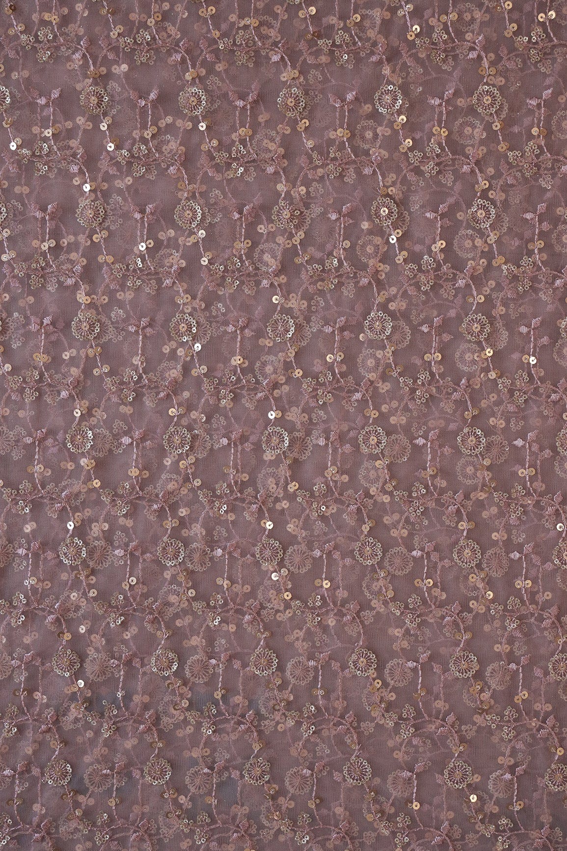 doeraa Embroidery Fabrics 1.50 Meter Cut Piece Of Gold Sequins With Thread Floral Embroidery Work On Mauve Soft Net Fabric