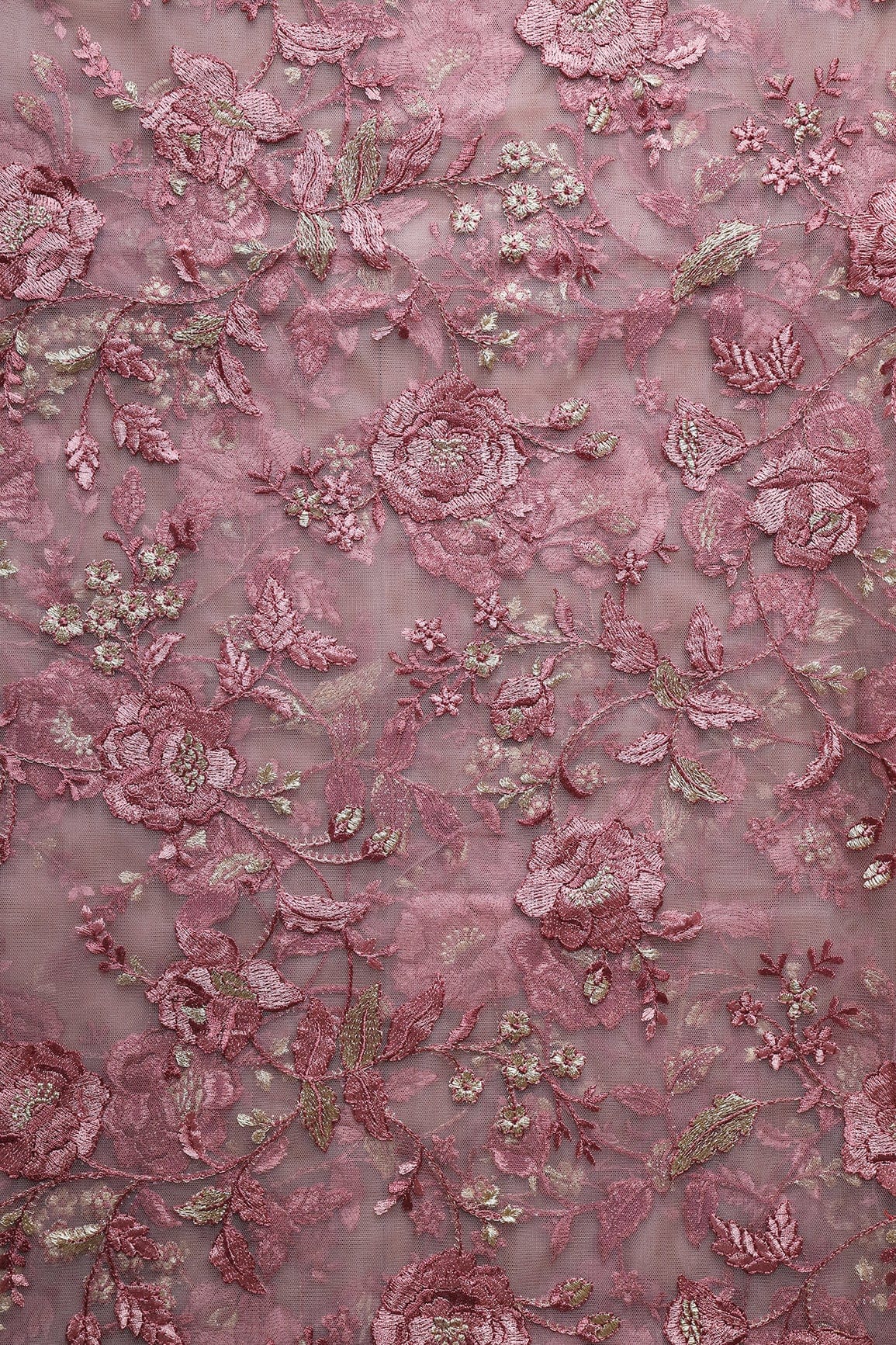 doeraa Embroidery Fabrics 1.50 Meter Cut Piece Of Mauve Thread With Gold Zari Floral Embroidery On Mauve Soft Net Fabric