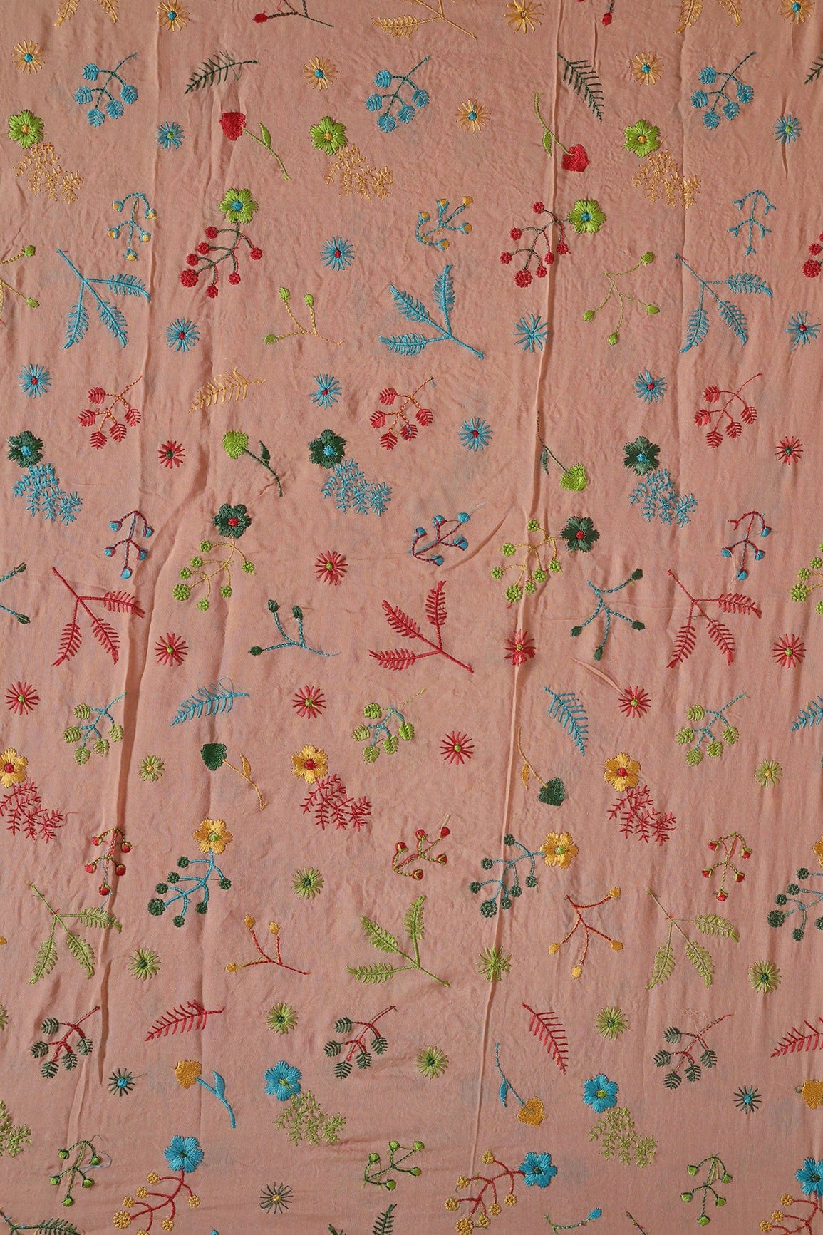 doeraa Embroidery Fabrics 1.50 Meter Cut Piece Of Multi Thread Floral Embroidery On Light Brown Muslin Silk Fabric