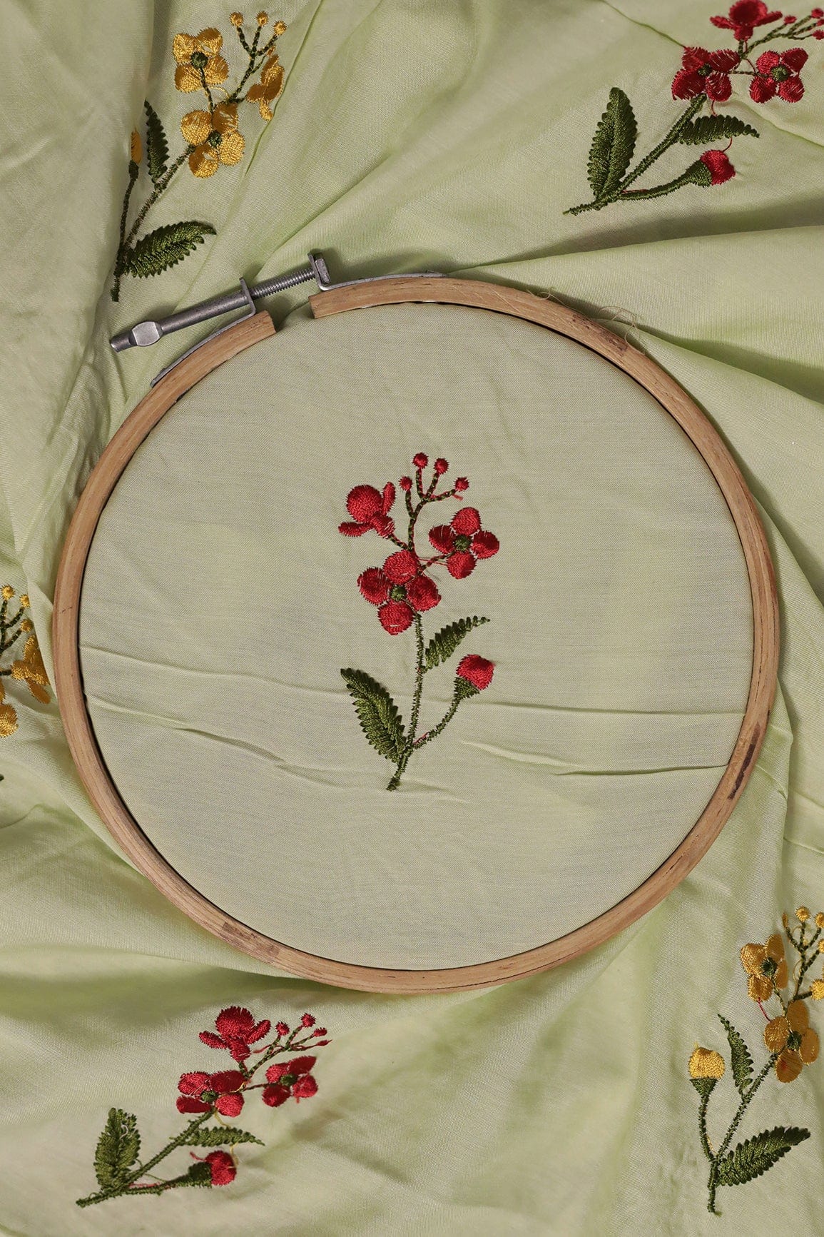 doeraa Embroidery Fabrics 1.50 Meter Cut Piece Of Multi Thread Floral Embroidery On Pista Green Muslin Silk Fabric