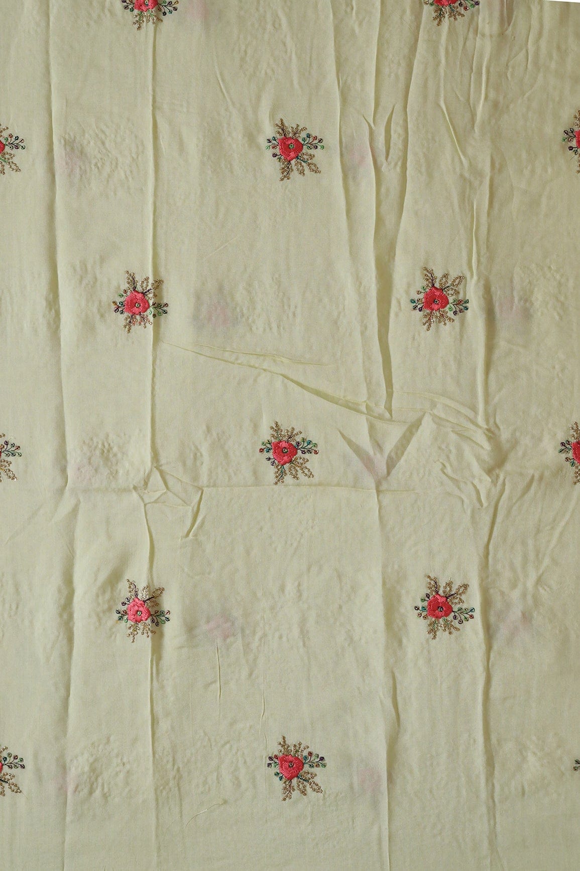 doeraa Embroidery Fabrics 1.50 Meter Cut Piece Of Pink Thread With Gold Zari Floral Embroidery On Pastel Yellow Muslin Silk Fabric